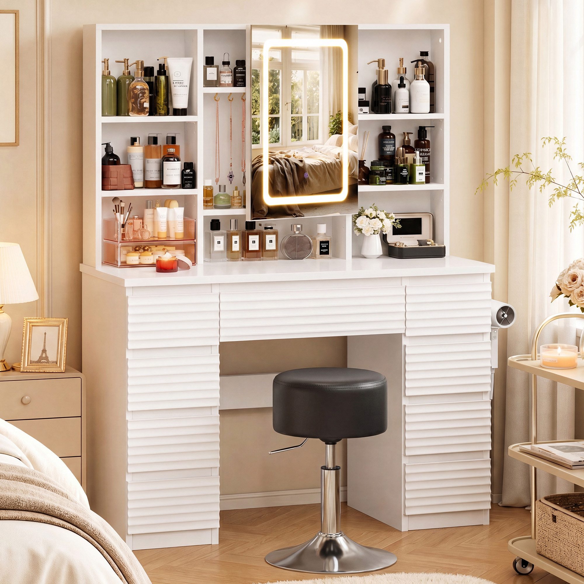 HOMALL Schminktisch LED-Schminkspiegel, schwarz-weißer Schminktisch und Hocker im Set (Kombination aus 9 Schubladen, 7 offenen Fächern und Stauraum hinter dem S – Bild 3 von 5