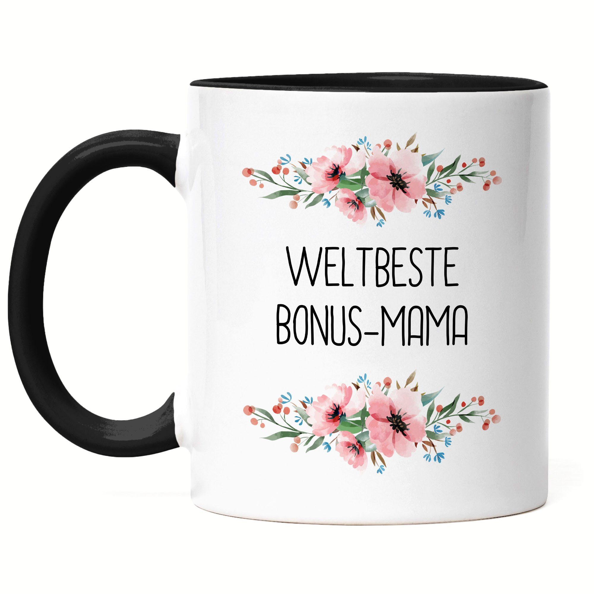 Hey!Print Tasse Weltbeste Bonus-Mama Tasse Mutterliebe Blumenmotiv Geschenkidee Muttertag Geburtstag, Keramik Schwarz