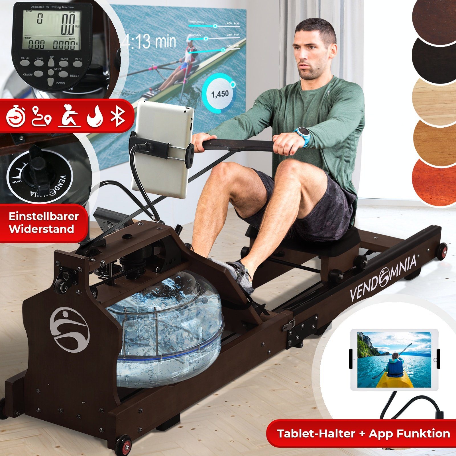 VENDOMNIA Rudergerät Wasserrudergerät für Zuhause - klappbar (Wasser Water  Aqua Rudergerät, Rudermaschine, Krafttraining Heimfitnessgerät, Rudern  Fitnessgerät Rower, Maße (L/B/H): 193 x 50 x 49 cm), Holz, LCD Display,  Widerstandseinstellung, Tablet ...