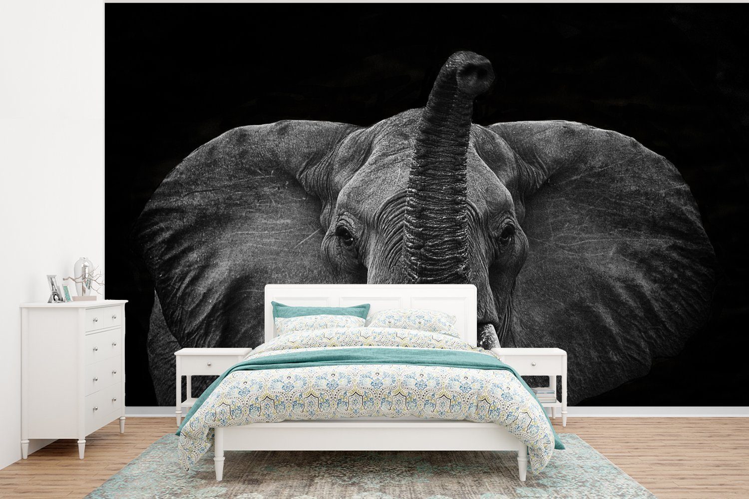 MuchoWow Fototapete Elefant - Ohren - Schwarz - Weiß, Matt, bedruckt, (6 St), Wallpaper für Wohnzimmer, Schlafzimmer, Kinderzimmer, Vinyl Tapete
