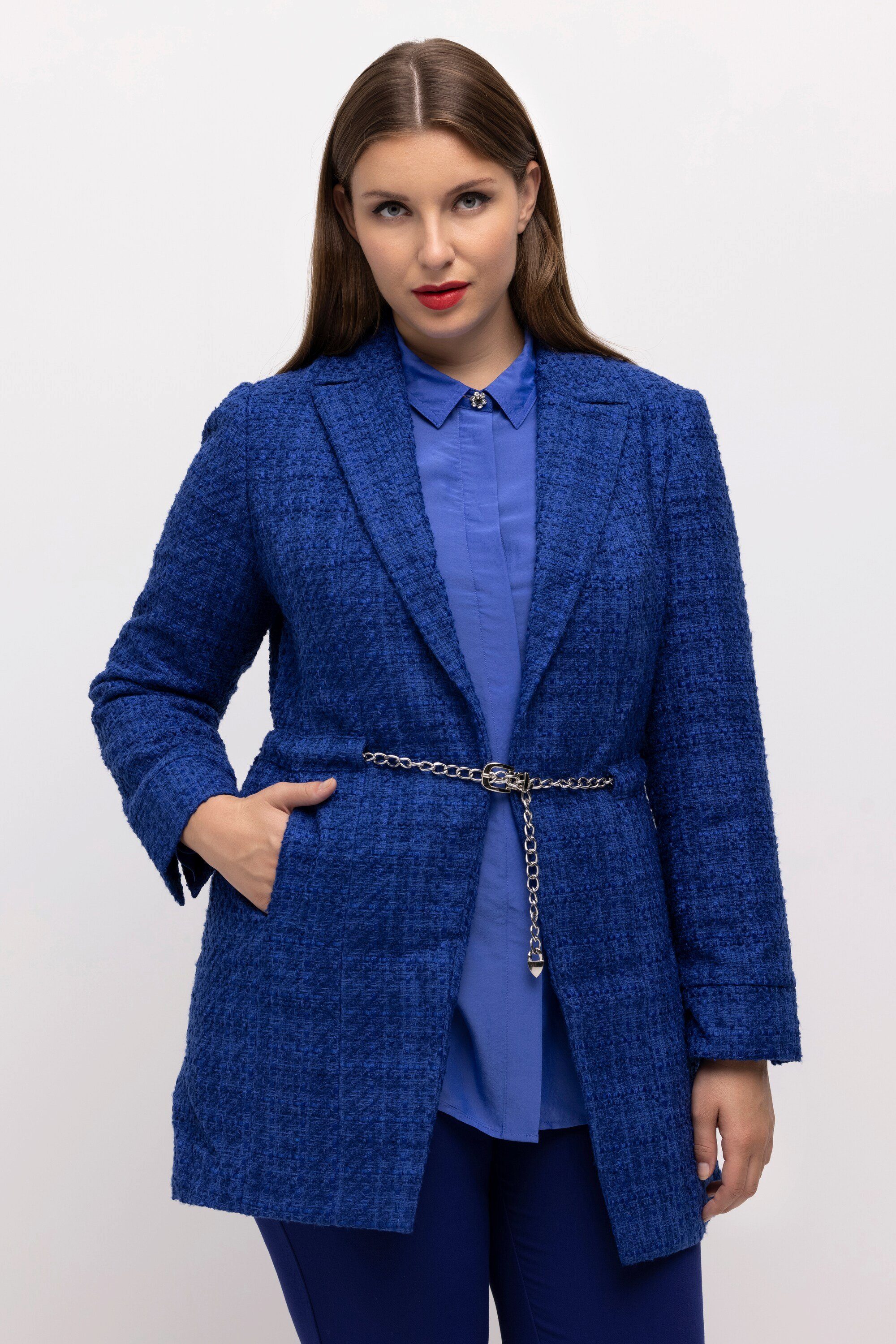 Ulla Popken Blusenblazer Longblazer Bouclé Reverskragen Zierkette Tunnelzug