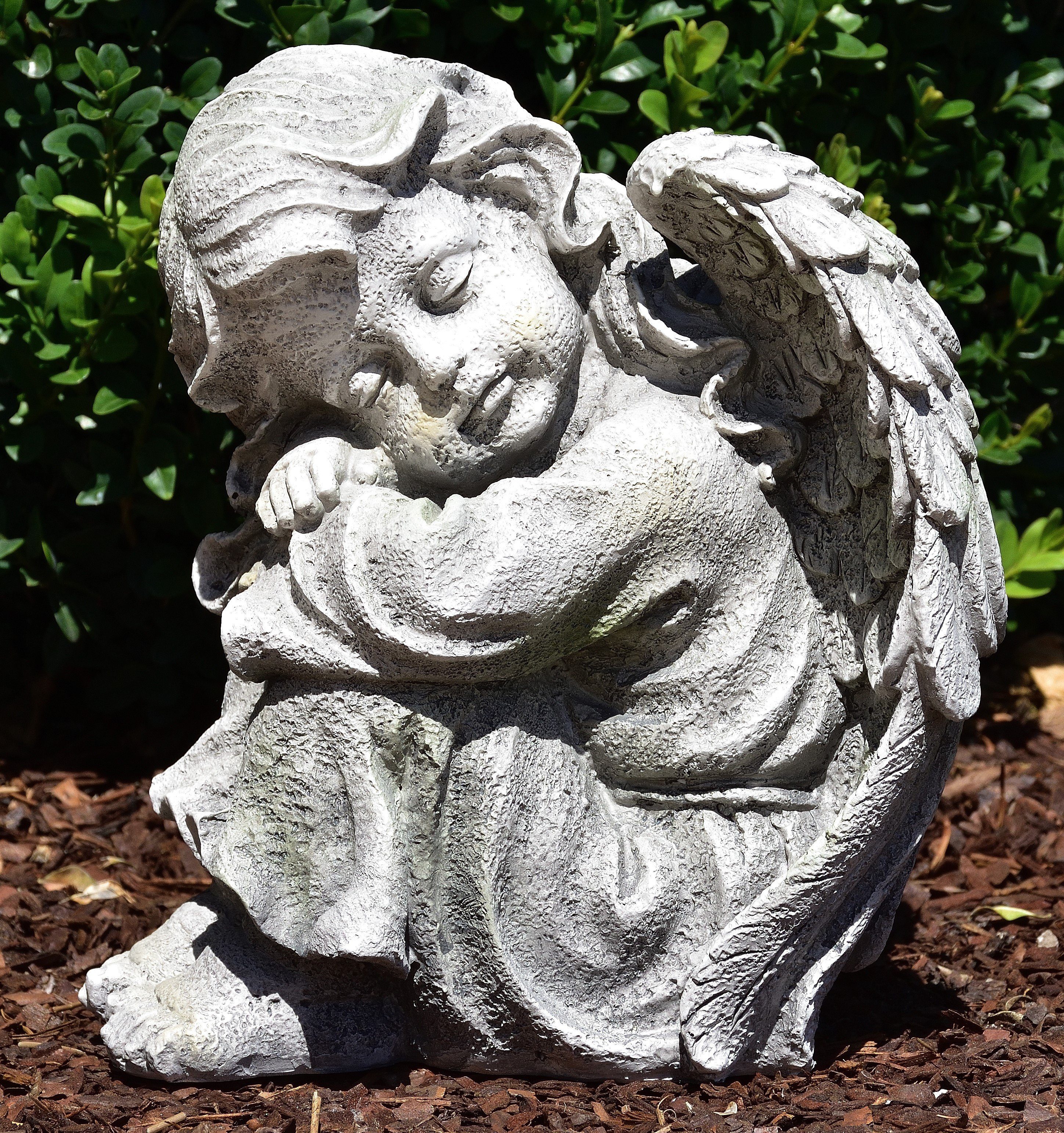MystiCalls Engelfigur Engel Allerheiligen Garten Grabengel - Engelfigur Dekofigur Gartenfigur Mädchen links Dekoration grau Kopf