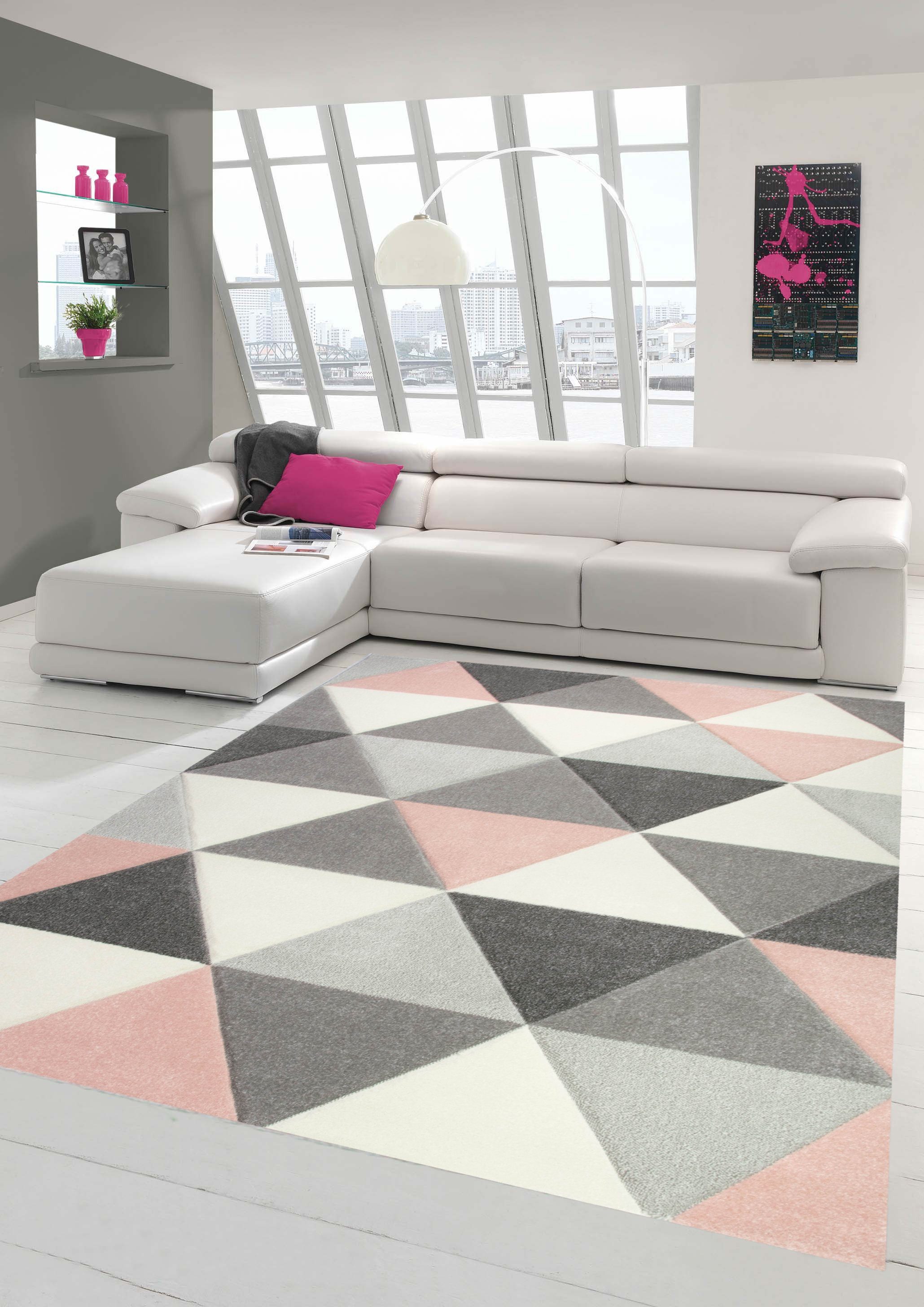 in 13 Dreieck Teppich mm Höhe: Rosa Teppich-Traum, modern rechteckig, Designerteppich Muster mit Creme, Grau Teppich