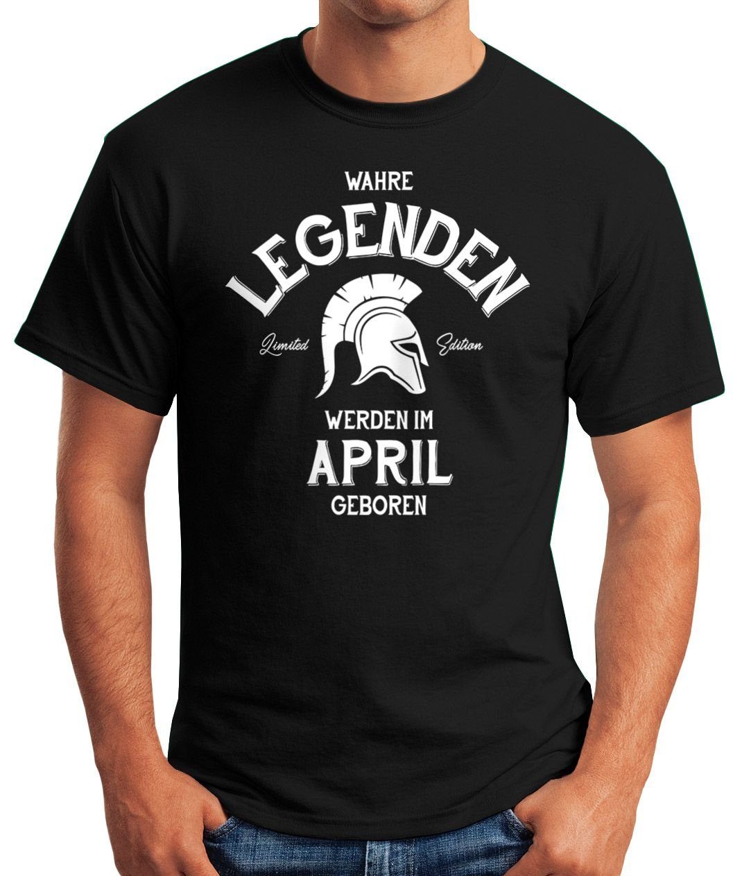 im geboren T-Shirt MoonWorks Legenden Moonworks® werden Print schwarz mit Herren Geburtstags April Print-Shirt [Wunschmonat] Geburtstagsgeschenk