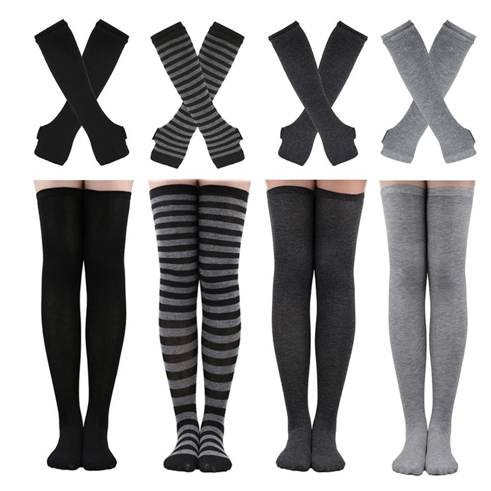 FOUORTUNATE-BEE Beinstulpen 4 Paar Damen Overknee-Socken, gestreift, Armstulpen mit Fingerloch (4-St) 4 Paar Overknee-Socken Damen, gestreift, lange Armstulpen Halloween