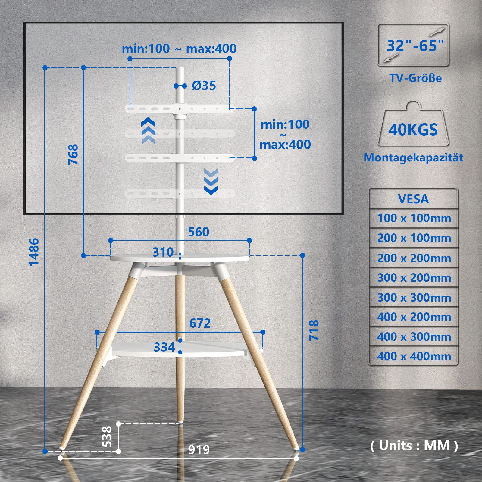 5Rcom TV-Ständer TV Staffelei mit 2 Regalen für 32-65 Zoll Fernseher, Fernsehständer, (bis 65 Zoll, 1-tlg., bis zu 40 kg TV Ständer Max VESA 400 x 400 mm)