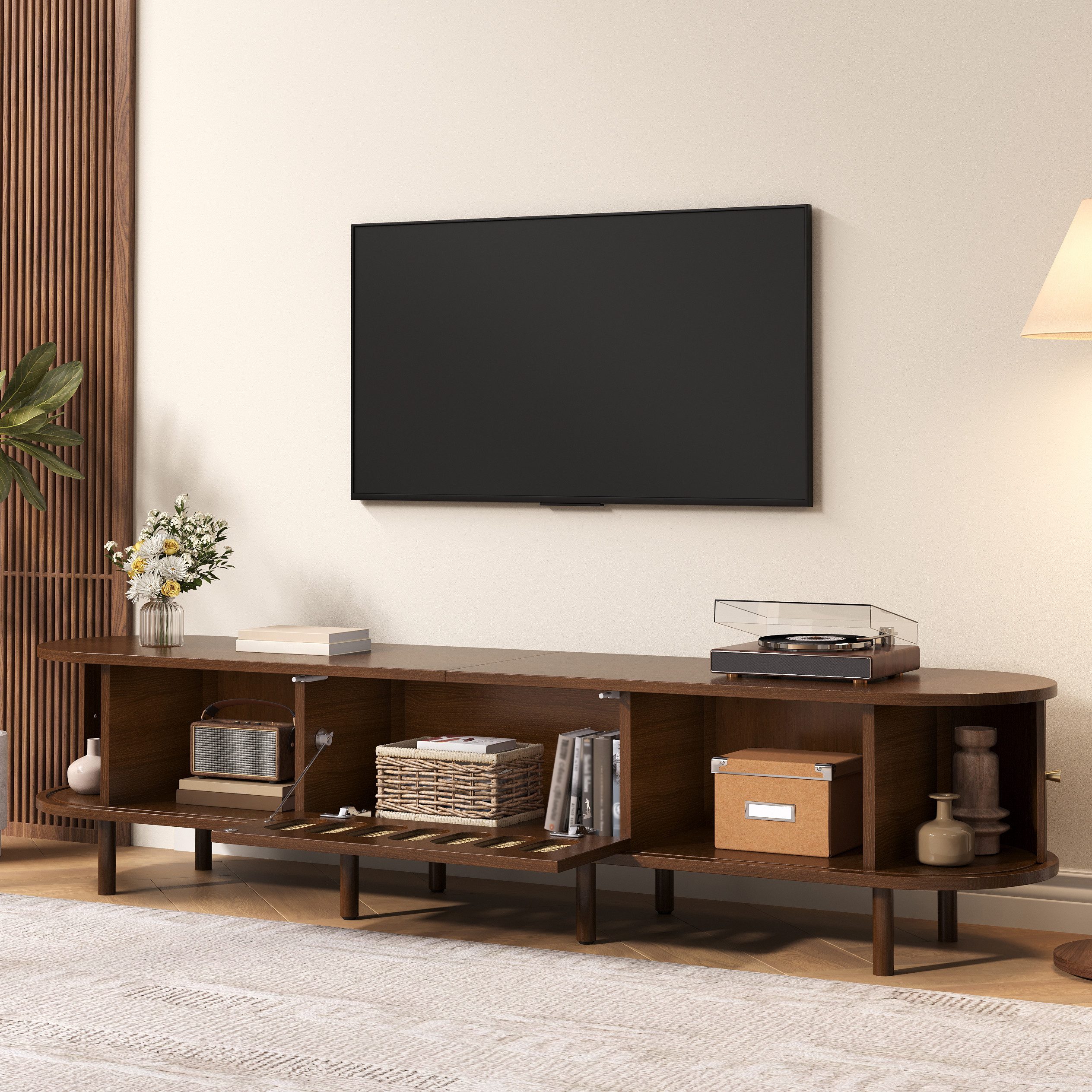 HAUSS SPOLE TV-Schrank Tv Lowboard Rattanoptik Klapptür Rollladentüren Wohnzimmerschrank (Packung, 1-St., Rattan-Design, mit 5 geschlossene Fächer) ein Rollladentürdesign, Beinhaltet einen Schrank mit Klapptür