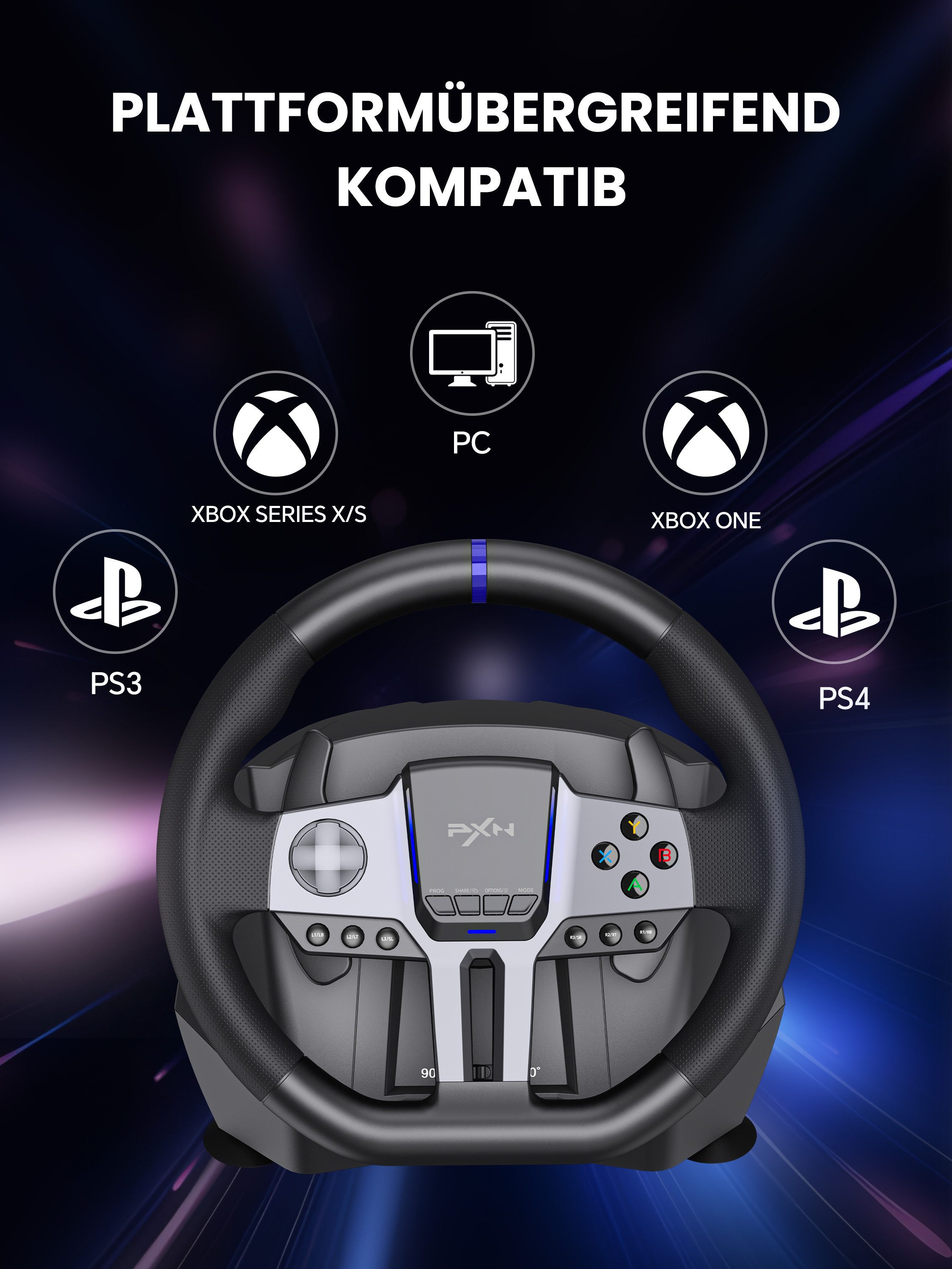 PXN V9 GEN2 Sim-Rennlenkrad 270°/900° für PC, Xbox und PS4 Gaming-Lenkrad (Hall-Pedale, H-Schaltung & RGB-Beleuchtung)