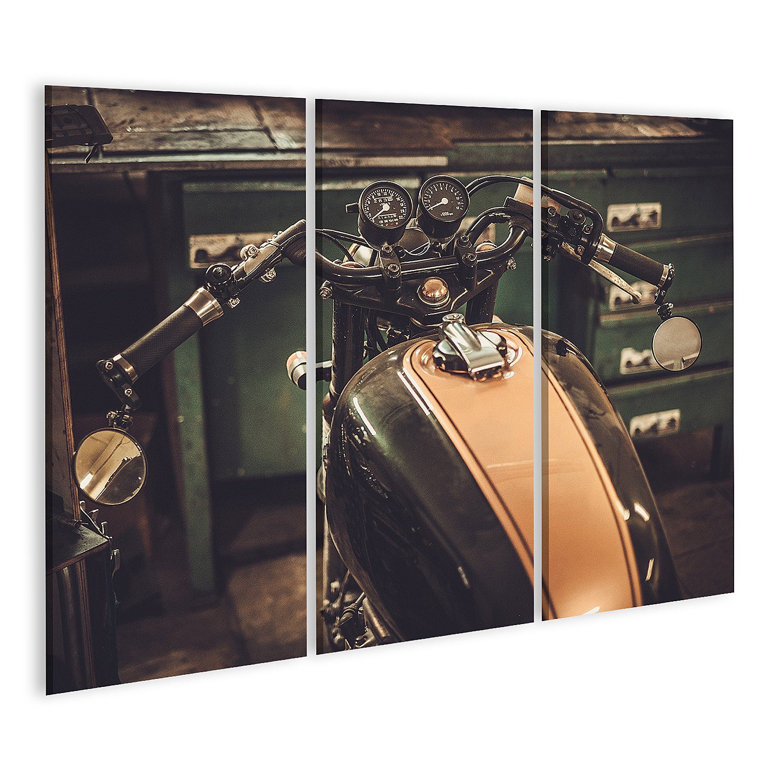 Leinwandbild Bild auf Leinwand Caferacer-Motorrad im Vintage-Stil in einer Zollgara