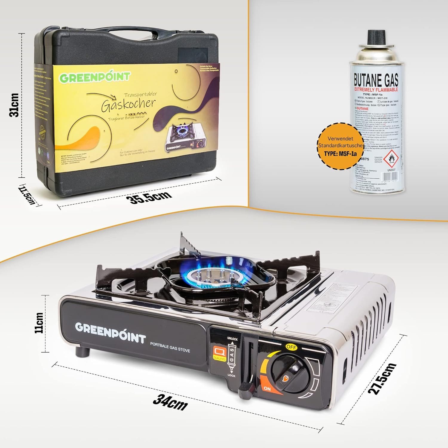 Greenpoint Gaskocher und Gaskocher mit Kartusche / Campingkocher mit gaskartusche, (Gaskocher), Edelstahl - Aluminium Gaskocher