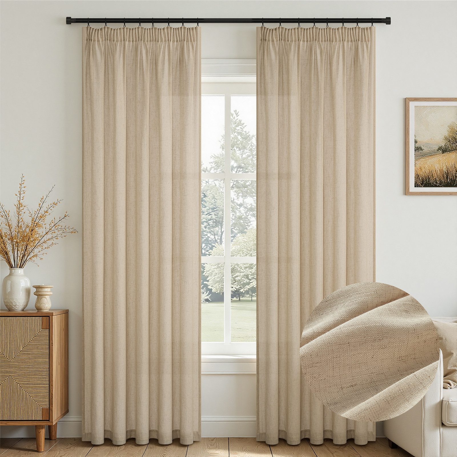 Topfinel Gardine Leinenoptik vorhänge mit kräuselband halbtransparent wohnzimmer (2 St), Kräuselband, halbtransparent, modern boho Hellbraun 140x225cm kinderzimmer Schlafzimmer Esszimmer