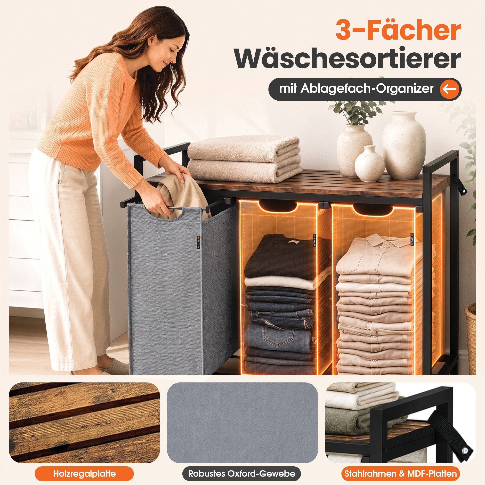 Roxlin Wäschekorb Wäschekorb 3 Fächer – Wäschesammler mit Deckel & Ablage – Bild 5 von 5