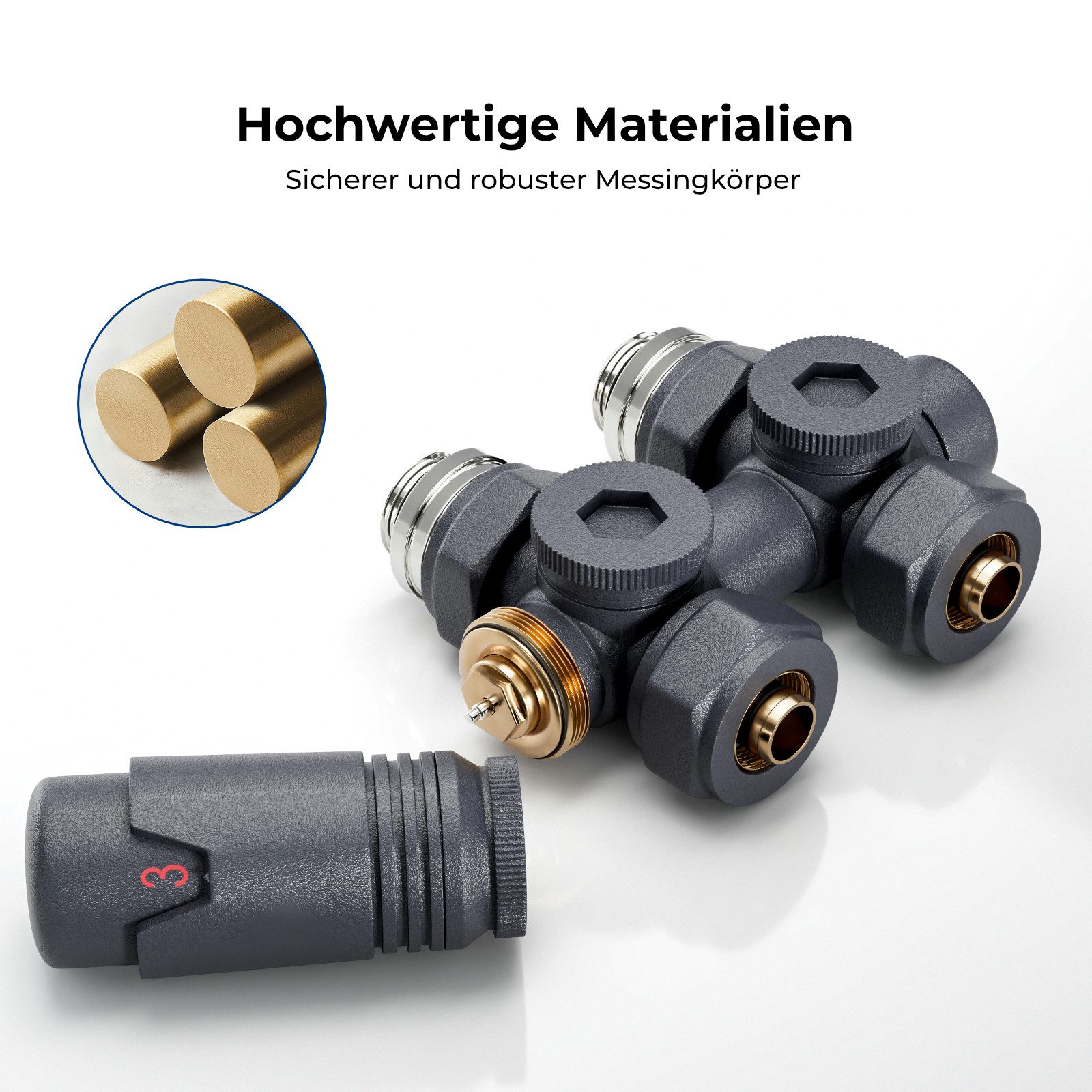 MEYKOERS Heizkörperthermostat Heizkörper Thermostatventil 50 mm Mittelanschluss Multiblock, Geeignet für 16 mm Mehrschichtverbundrohre und 15 mm Kupferrohre