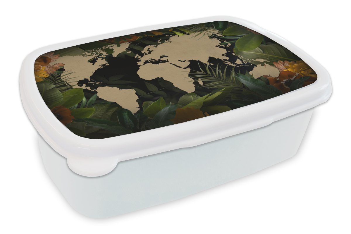MuchoWow Lunchbox Weltkarte - Pflanzen - Blätter, Kunststoff, (2-tlg), Brotbox für Kinder und Erwachsene, Brotdose, für Jungs und Mädchen weiß