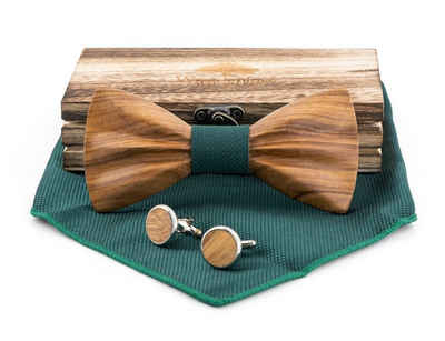 Woodenlove Fliege Kernholz Zebraholz (Set, Herrenfliege, Manschettenknöpfe, Einstecktuch, Geschenkbox) 3D-gefräste Holzfliege mit Struktur
