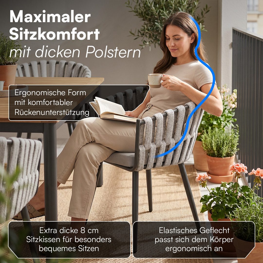 STEELSØN Gartenstuhl Tarian mit Sitzkissen, Loungesessel im Rope-Design (2er-Set, Hellgrau), wetterfest & höhenverstellbar, bis 120kg belastbar