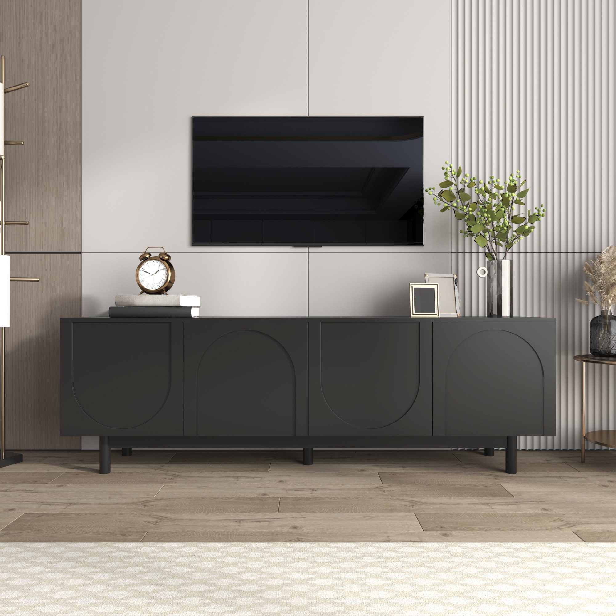 BlingBin Lowboard Moderner TV-Schrank, TV-Board, Fernsehtisch mit 4-türiges (Fernsehschrank mit Verstellbare Einlegeplatten, 1 St., Gesamtabmessungen: 175*38*56cm, Produktladung: 50KG), Leichte Lowboard-TV-Möbel im Luxusstil, Spanplatte, Schwarz