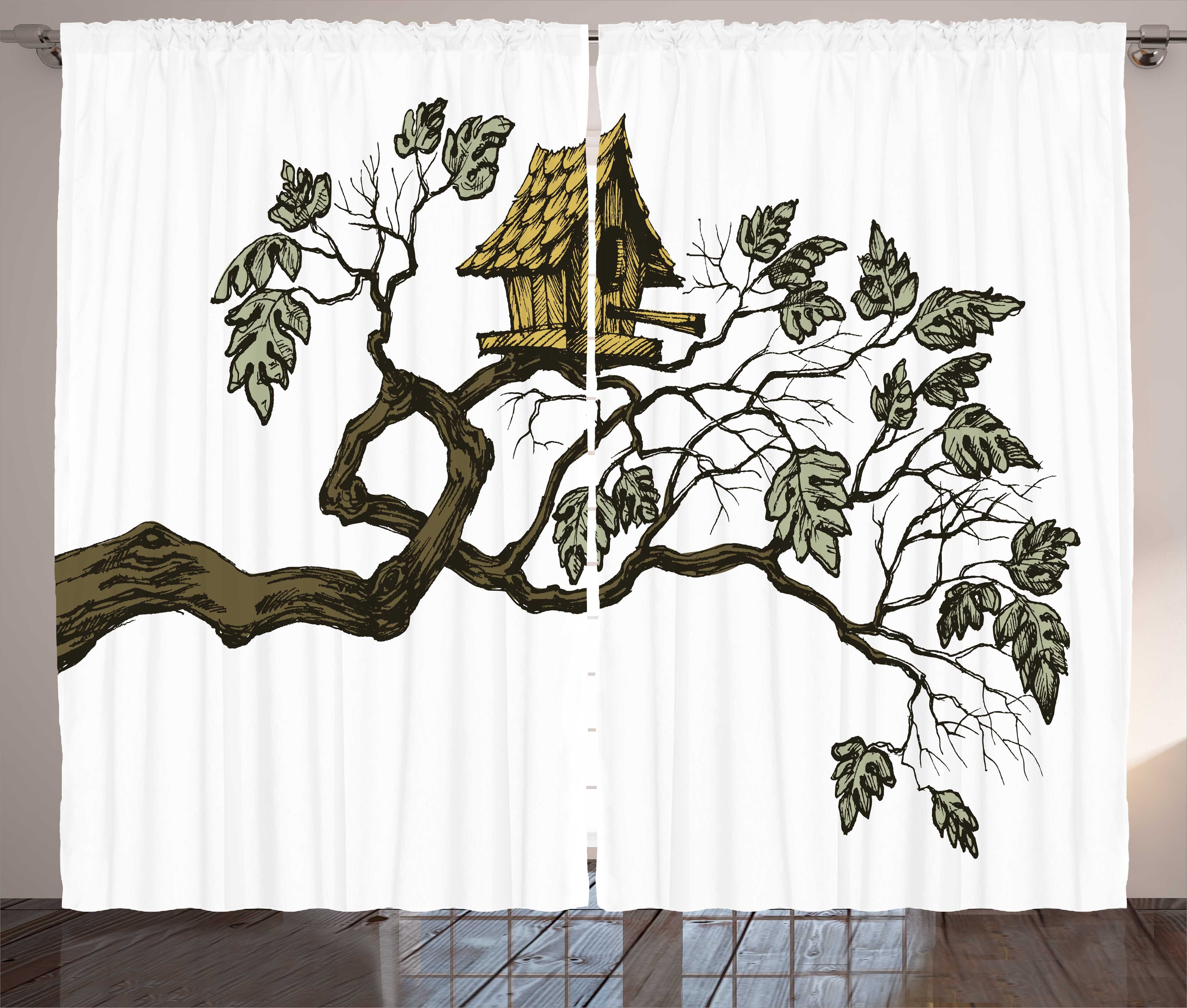 Gardine Schlafzimmer Kräuselband Vorhang mit Schlaufen und Haken, Abakuhaus, Baumhaus Vogel-Haus und Niederlassung