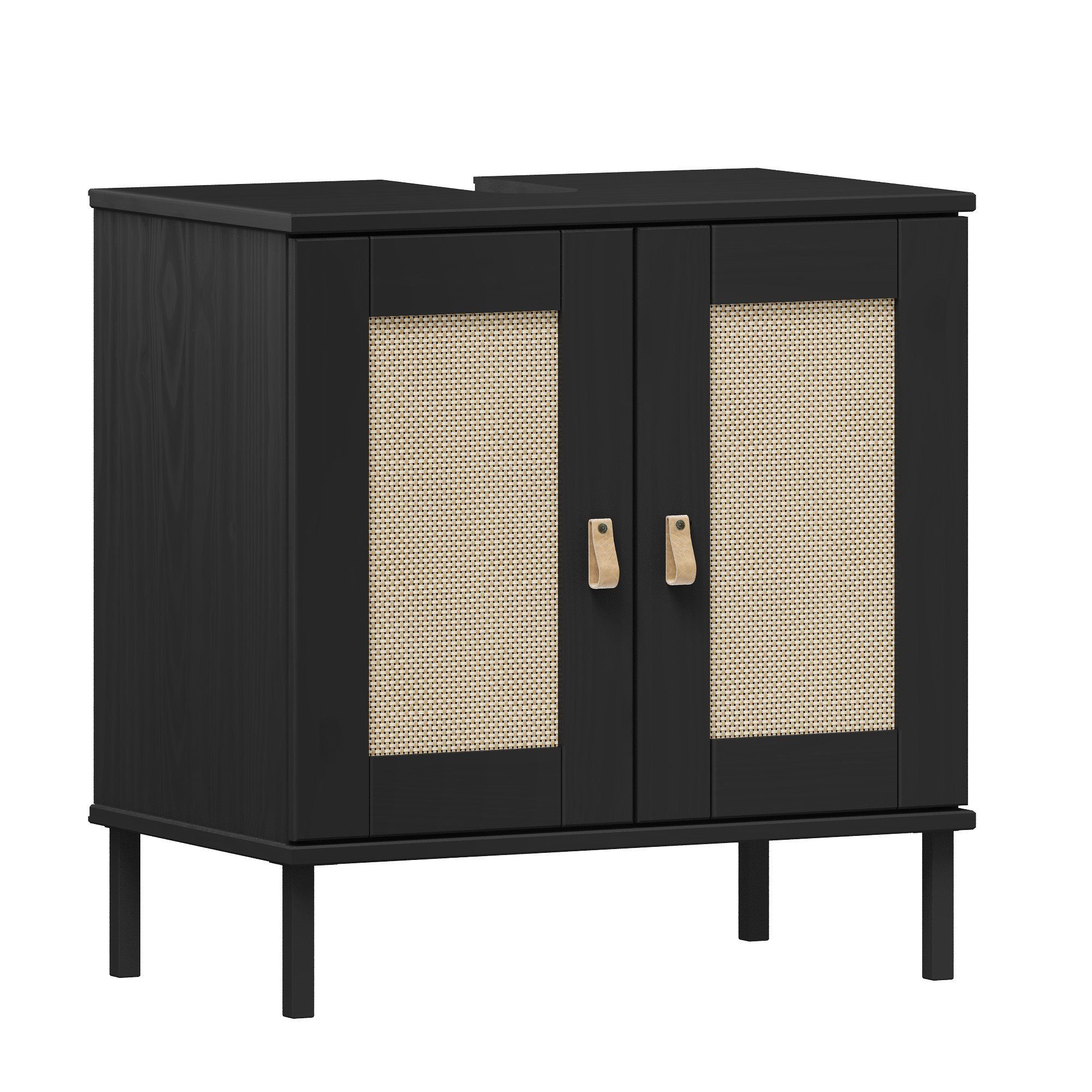 Woodroom Waschbeckenunterschrank Eleganter Massivholzschrank Valencia Badezimmerschrank aus massiver Kiefer lackiert 62x65x40cm