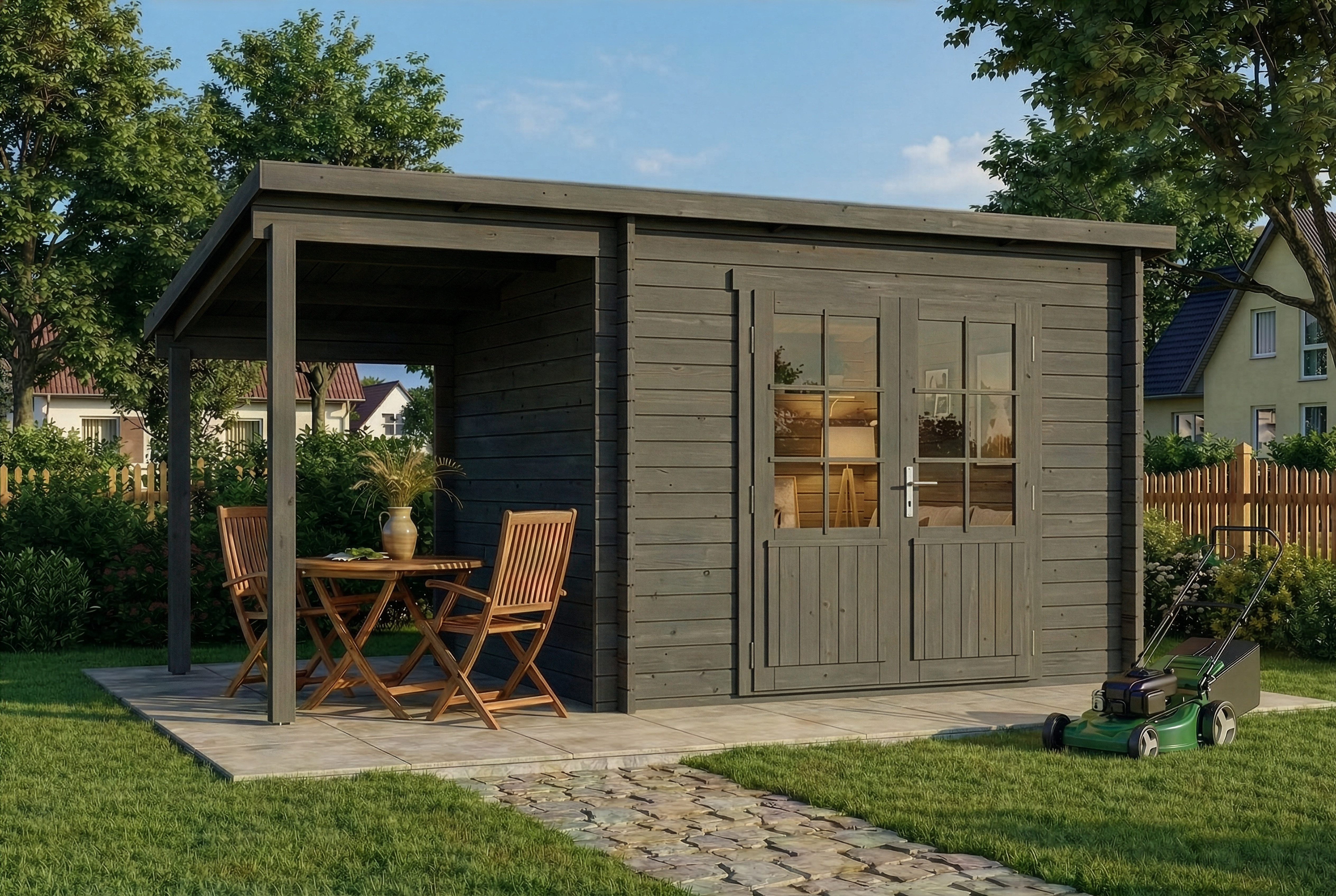 Alpholz Gartenhaus Holz Maria mit Schleppdach, BxT: 450x272 cm, in Imprägniert (Grau) mit 28mm Wandstärke