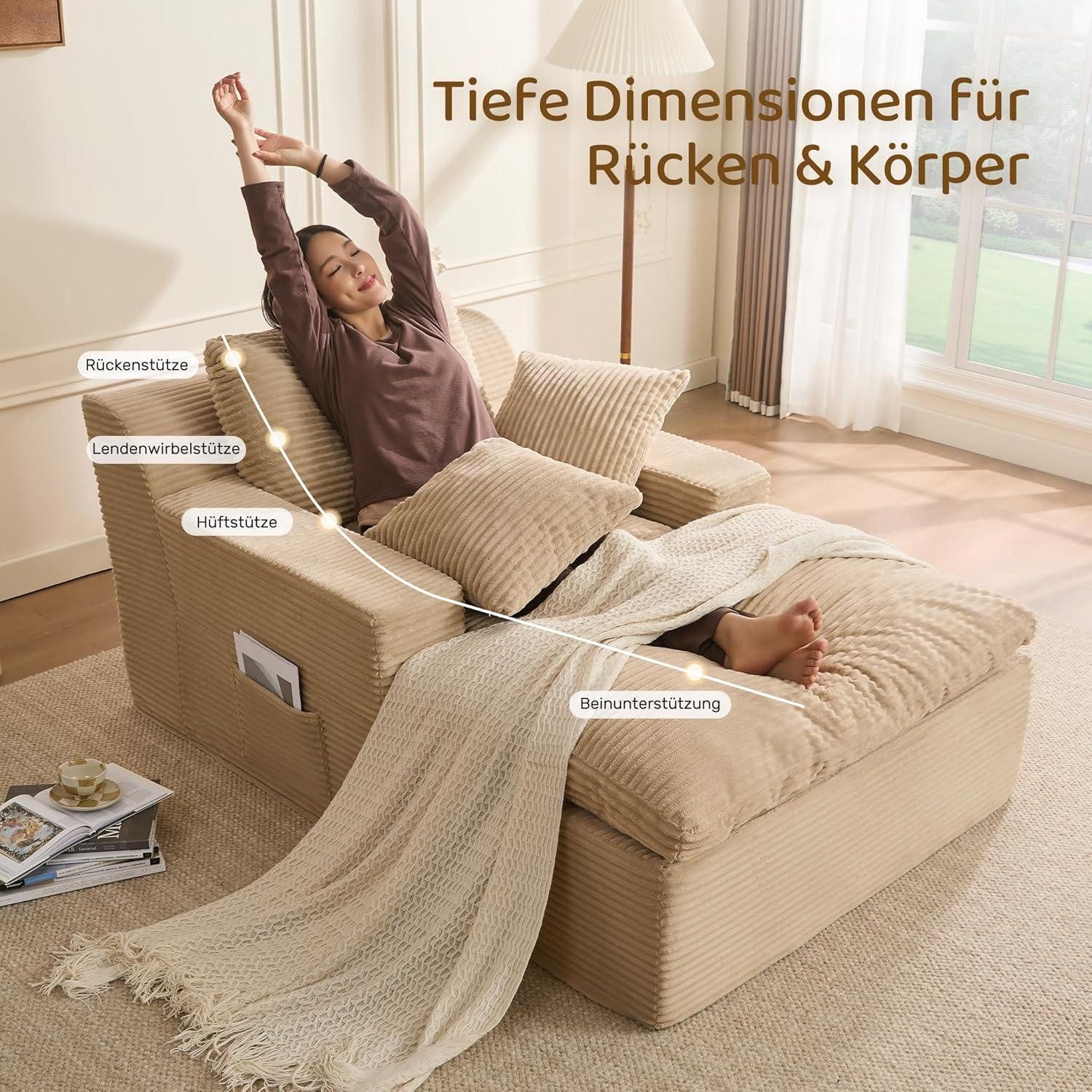 LuxusKollektion Chaiselongue Chaiselongue Schlafsofa Schlaffunktion Loungesofa Armlehnen Hellbraun