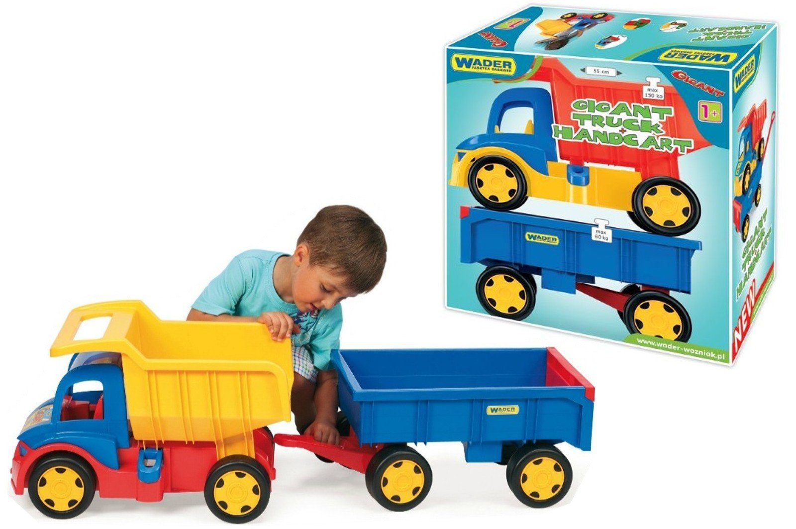 Wader Wozniak Spielzeug-LKW Gigant LKW Truck Baustellenkipper incl. Anhänger, ca. 107 cm lang, (2 in 1 Set, 2-tlg., Muldenkippern und Handwagen), aus UV-beständigem, recyclebarem Kunststoff, für Kinderzimmer, Garten