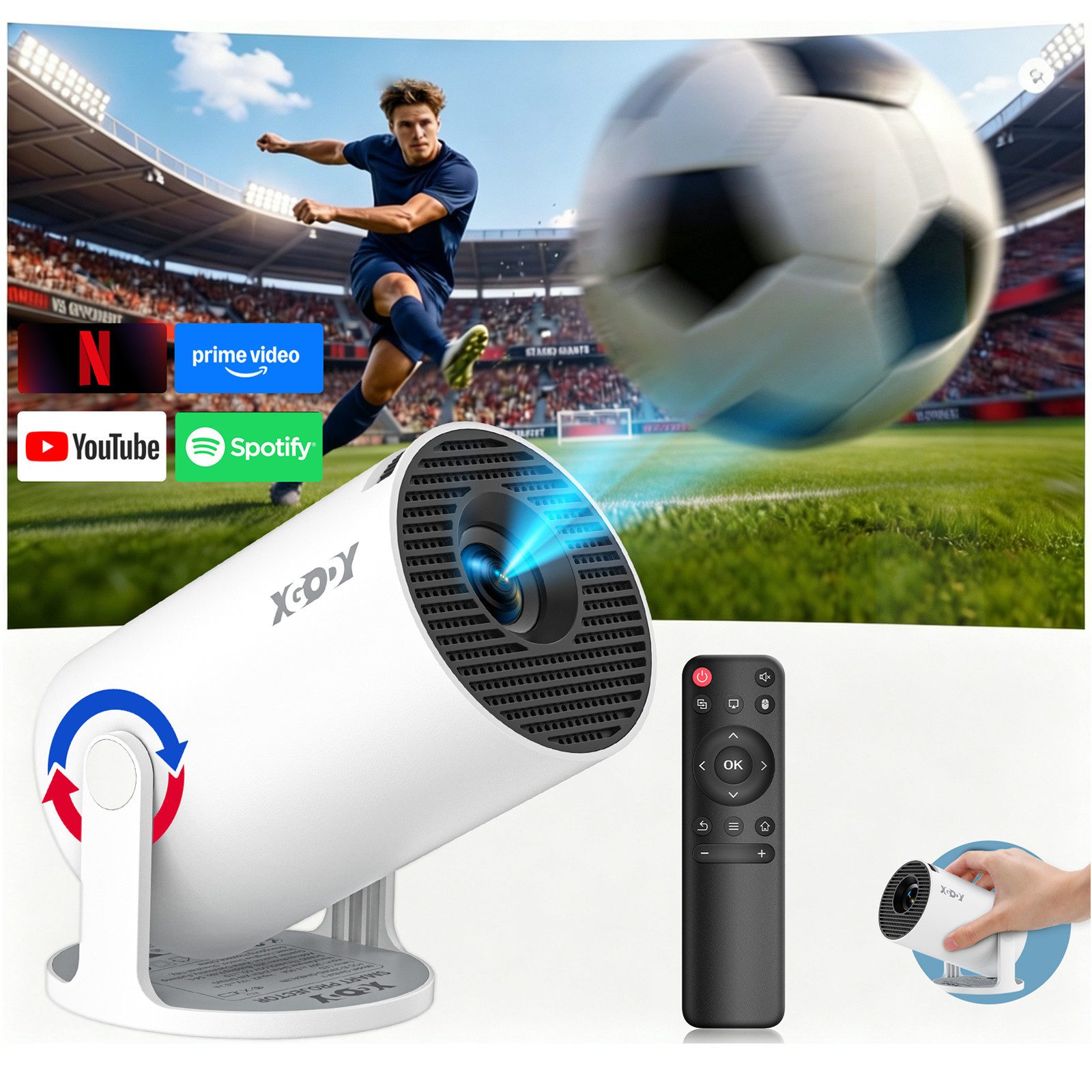 XGODY Gimbal 3NEW LED-Beamer Android 14 projektor 4k smart wifi Mini-Beamer (260 lm, 8000:1, 1920 x 1080 px, Bluetooth Projektor 5G WiFi, LED-Beamer, Projektionsgröße 35-130 Zoll)
