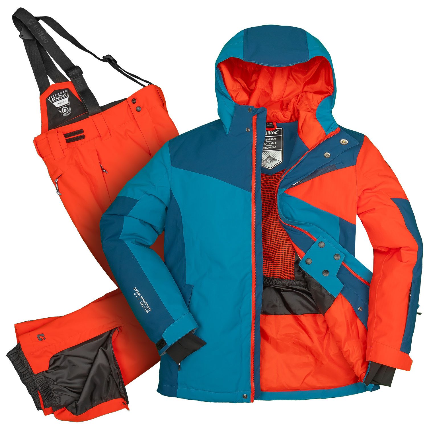 Killtec Skianzug Jungen Kinder Skijacke dunkelblau + Skihose orange, abnehmbare Hosenträger