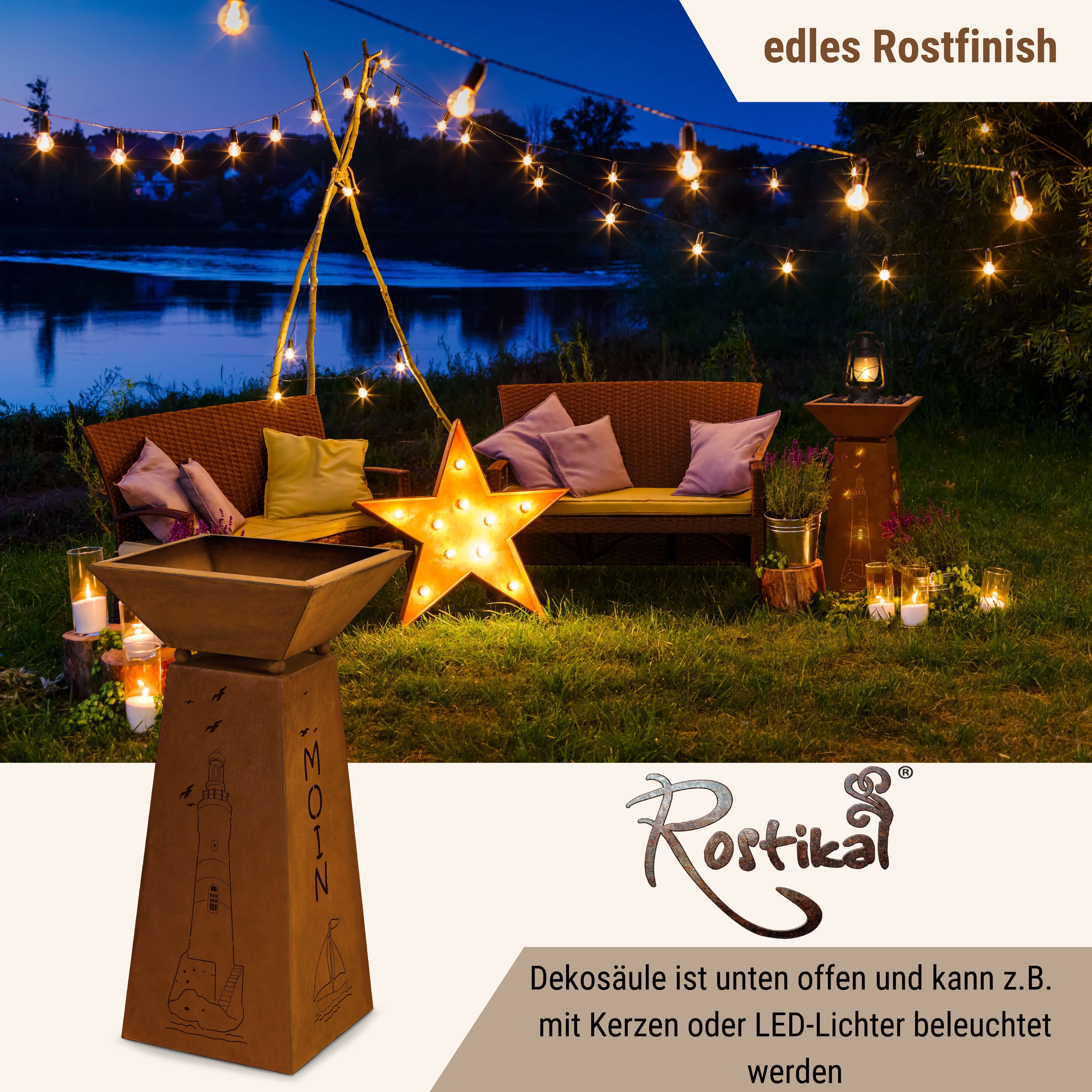 Rostikal Blumenständer Gartendeko Maritim Leuchtturm 72 cm Dekosäule (Set, Säule mit Schale), echter Rost – Bild 5 von 5