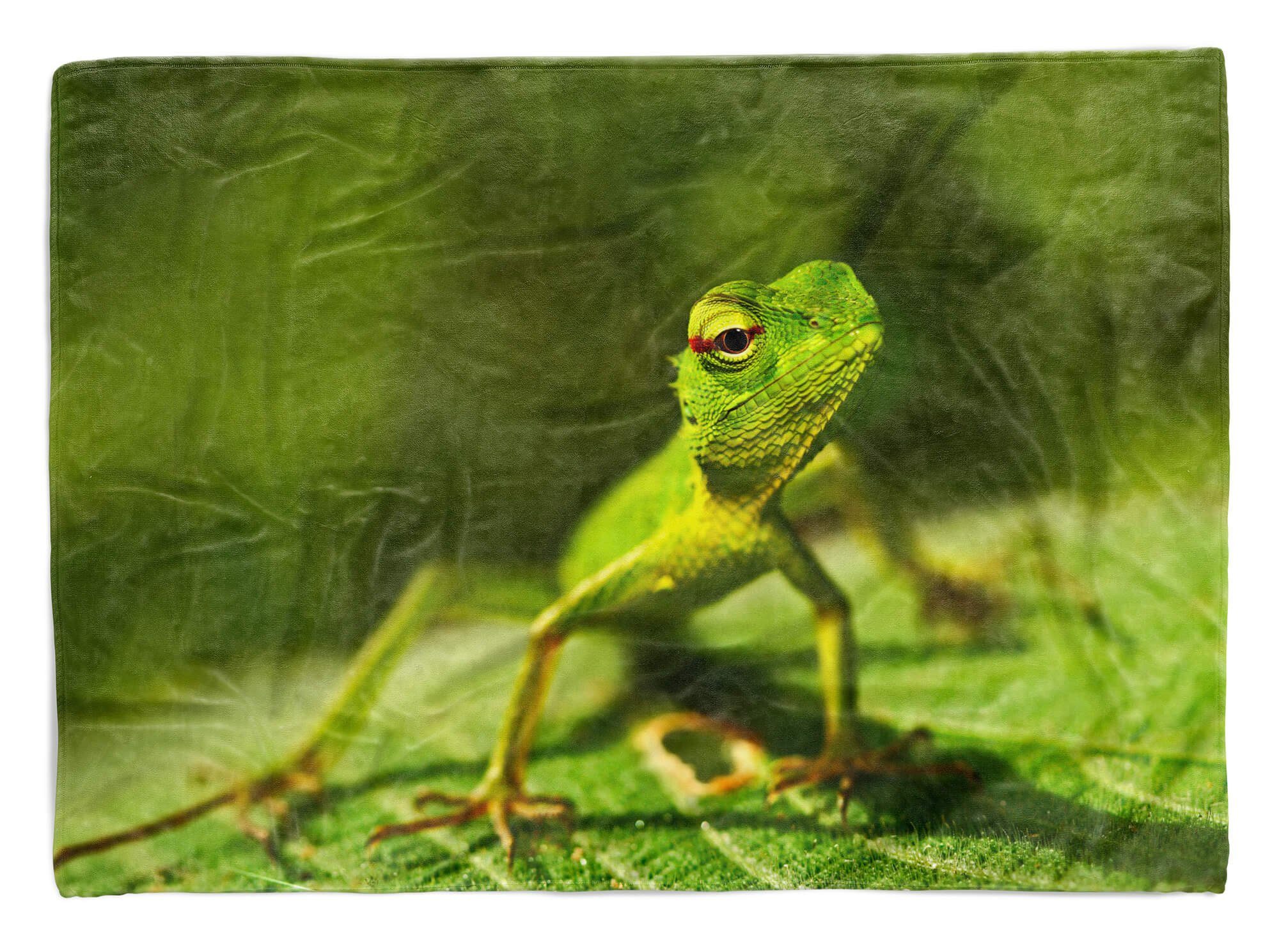 Sinus Art Handtücher Handtuch Strandhandtuch Saunatuch Kuscheldecke mit Tiermotiv Echse auf grünen B, Baumwolle-Polyester-Mix (1-St), Handtuch