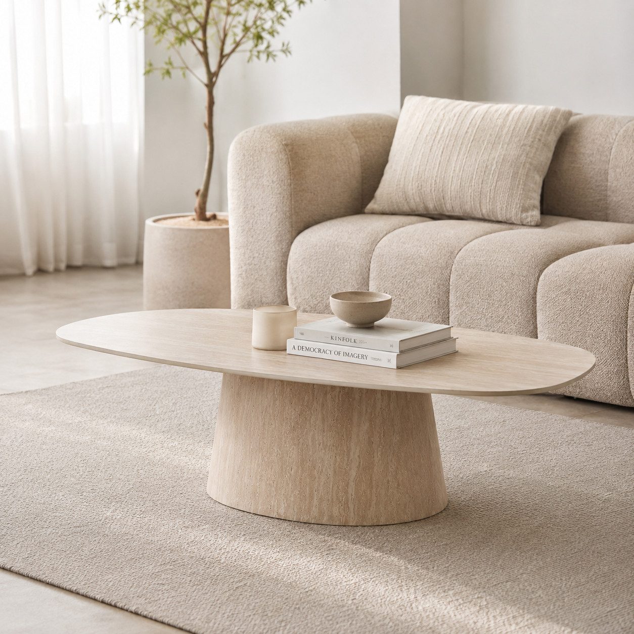Maison ESTO Couchtisch TRAVENTO Wohnzimmertisch 135 cm Travertin Keramik Oval, Tischplatte aus hochwertiger Keramik