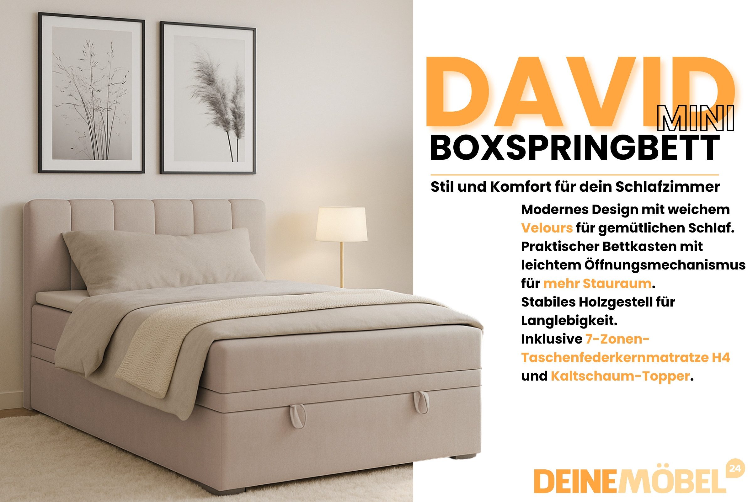 Deine Möbel 24 Boxspringbett DAVID MINI Boxbett Polsterbett Kompletbett Velours Samt (Jugendbett Jugendzimmer Schlafzimmer Bett, 3-St., 100x200 120x200 Creme Beige Hellgrau Grau Anthrazit Schwarz), mit einer durchgehenden Matratze Taschenfederkern-Matratze 7 Zonen H4