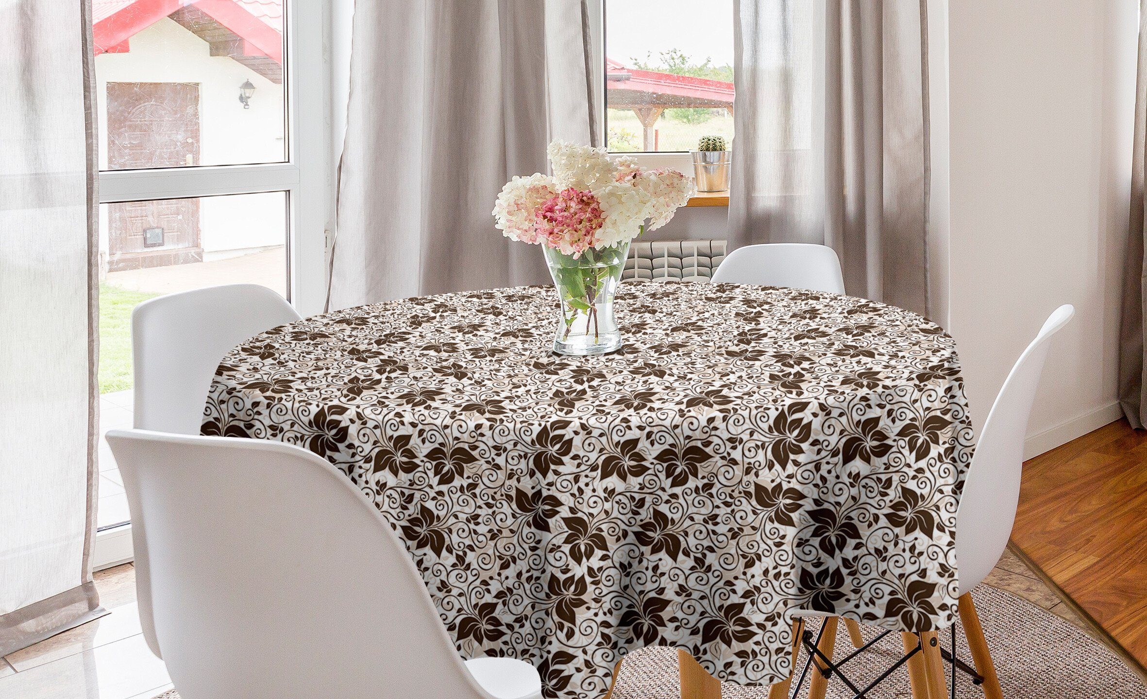 Abakuhaus Tischdecke Kreis Tischdecke Abdeckung für Esszimmer Küche Dekoration, Erdfarben Brown-Blumen-Blätter
