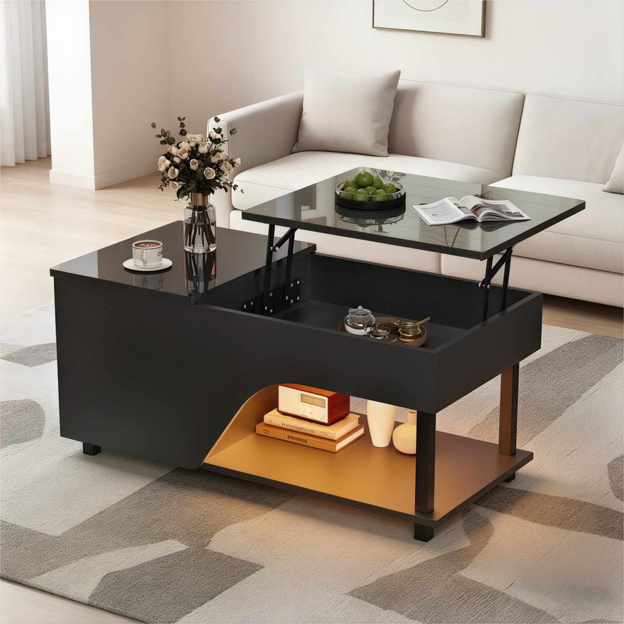 OKWISH Couchtisch Höhenverstellbarer Wohnzimmer-Couchtisch, Beistelltisch mit Stauraum (Packung, 1-St., 50x100x46cm, Schwarz), LED-Sofatisch, Teetisch mit Seitenablage