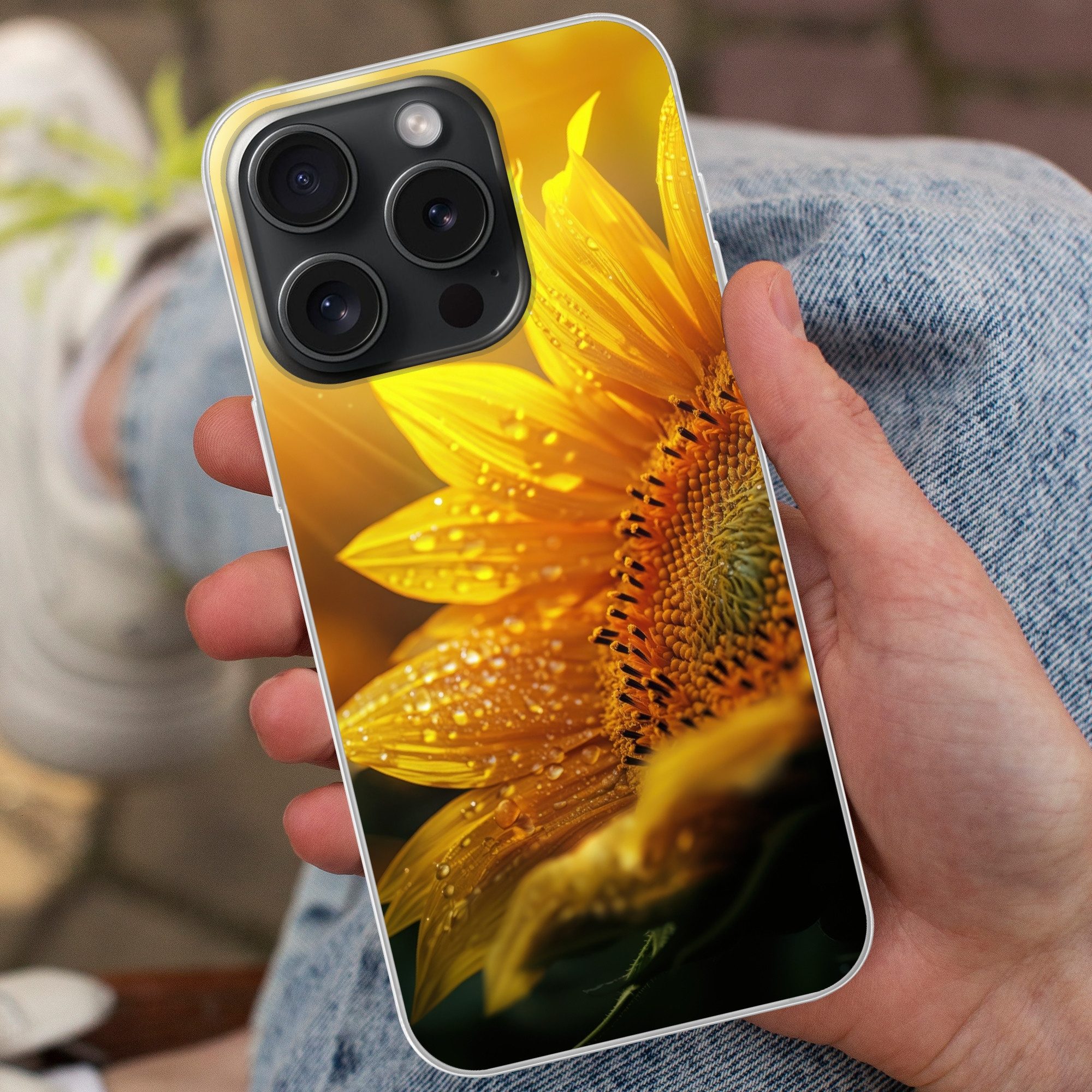 MuchoWow Handyhülle für Apple iPhone 15 Pro Sonnenblume - Tautropfen - Gelb - Sonnenlicht, Smartphone-Bumper, Print, Handy Schutzhülle Dünn