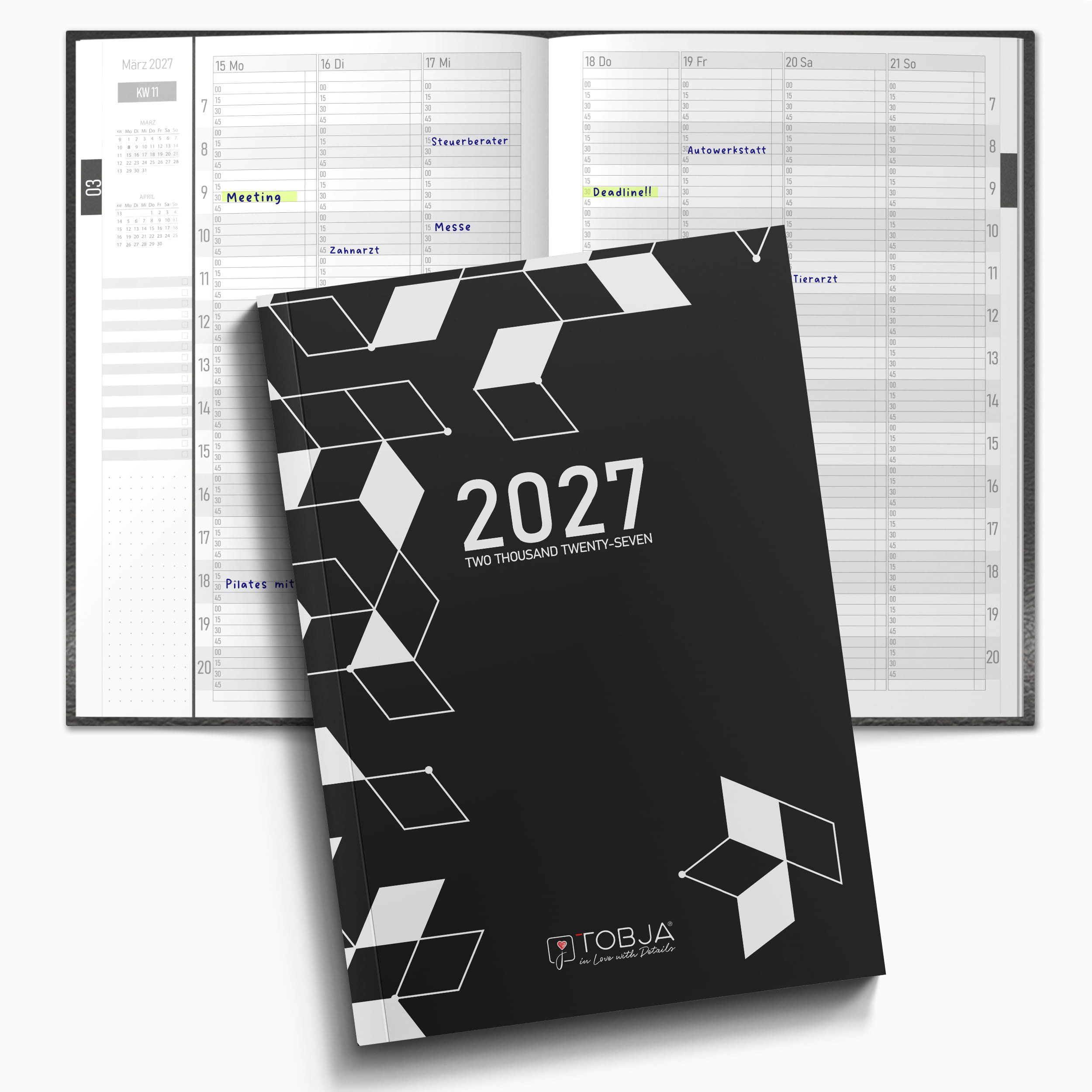 TOBJA Buchkalender Praxisplaner 2027 A5 Mono Terminplaner Friseur Salon 15 Min Takt, 15-Min-Takt 7-21 Uhr, A5, 1 Woche 2 Seiten, Mono-Design, Softcover