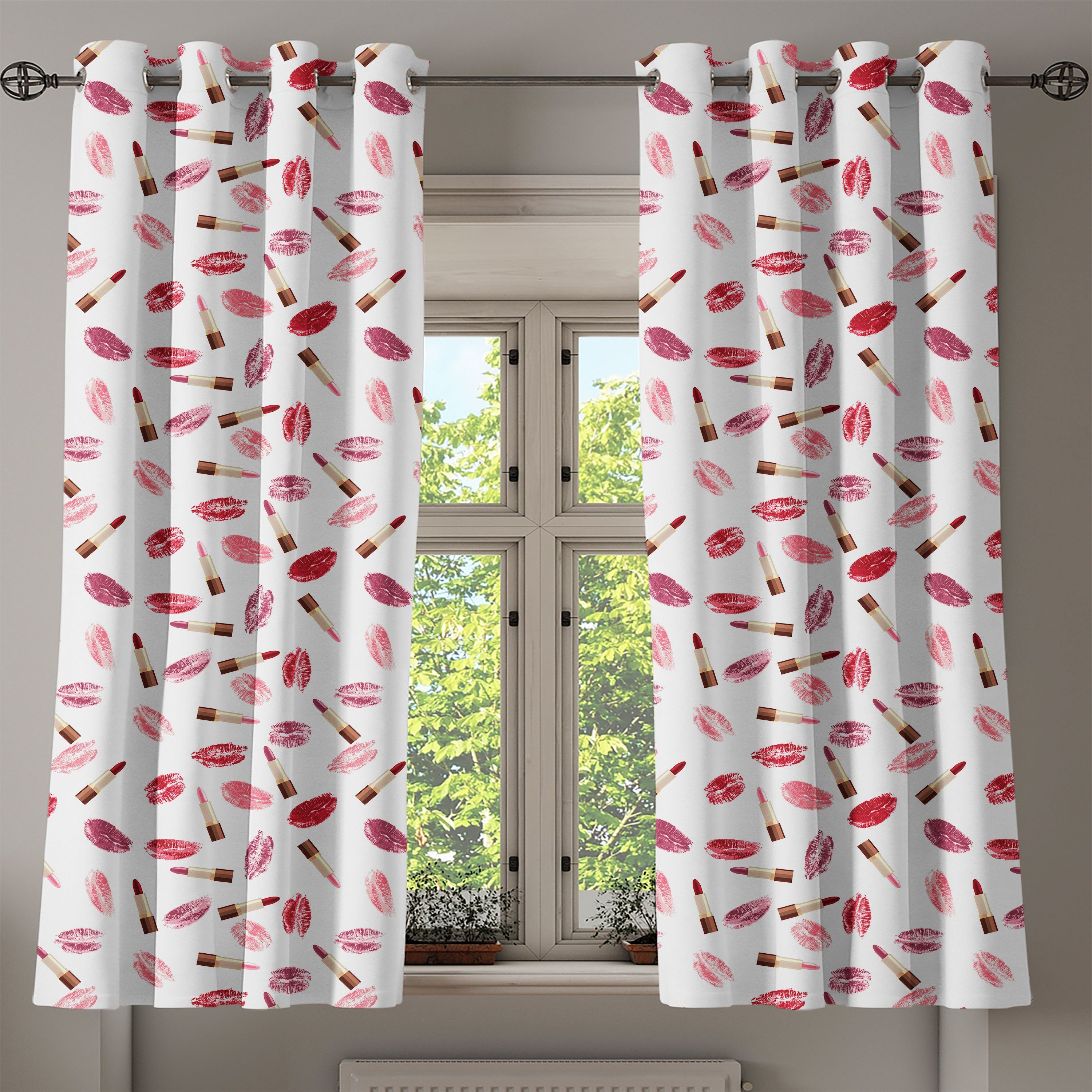 Gardine Dekorative 2-Panel-Fenstervorhänge für Schlafzimmer Kosmetika Wohnzimmer, Lippenstift-Kuss Makeup Abakuhaus