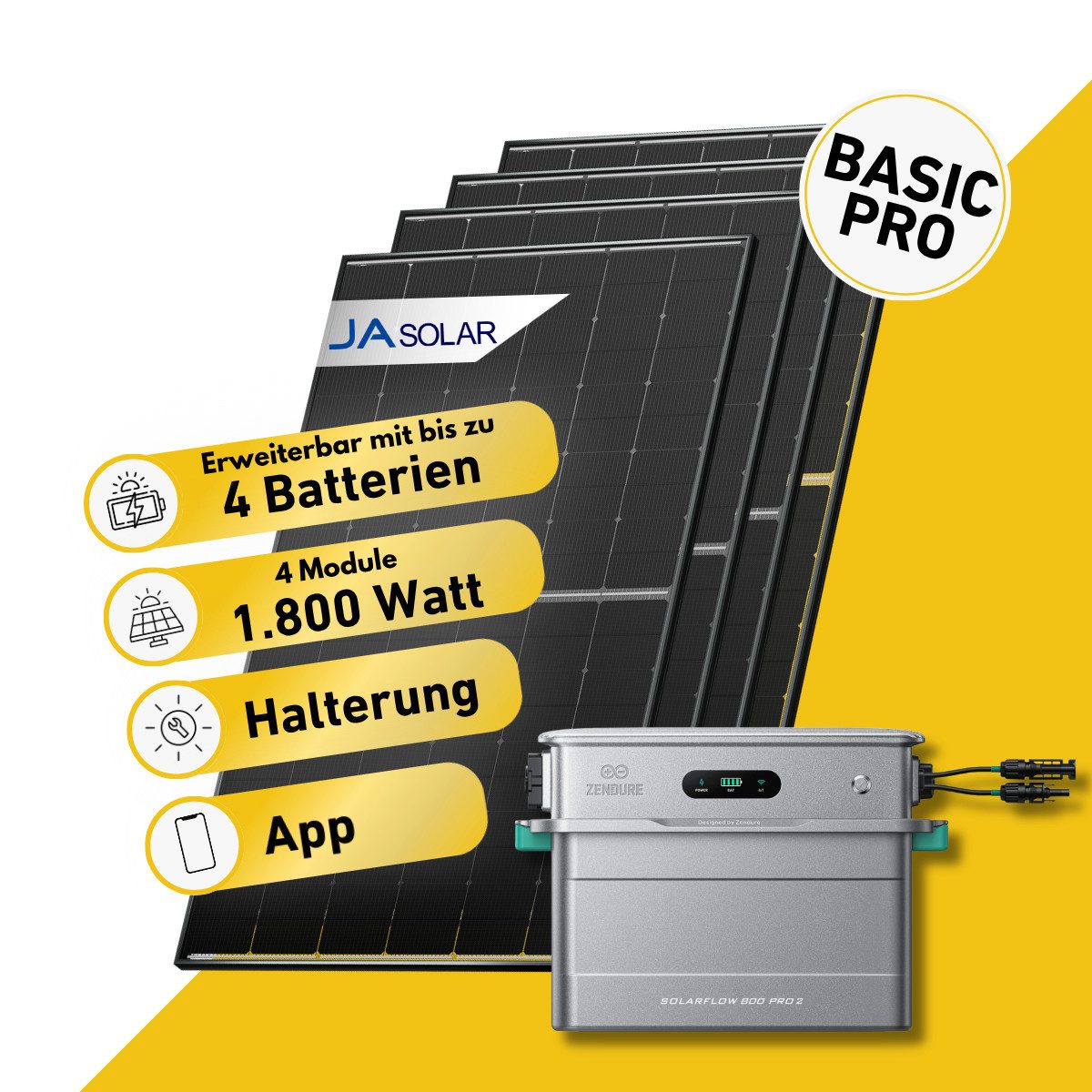 Balkonstrom Balkonkraftwerk Basic Pro 1800W Solaranlage mit Speicher Komplettset Bifazial, 1800 W, Monokristallin, (4x JA Solarmodul á 450 Watt, 1x Zendure SolarFlow 800 Pro 2, 1-4 Zusatzspeicher AB2000X), Halterung für Dach, Fassade, Balkon & Garten, App & Plug&Play DE