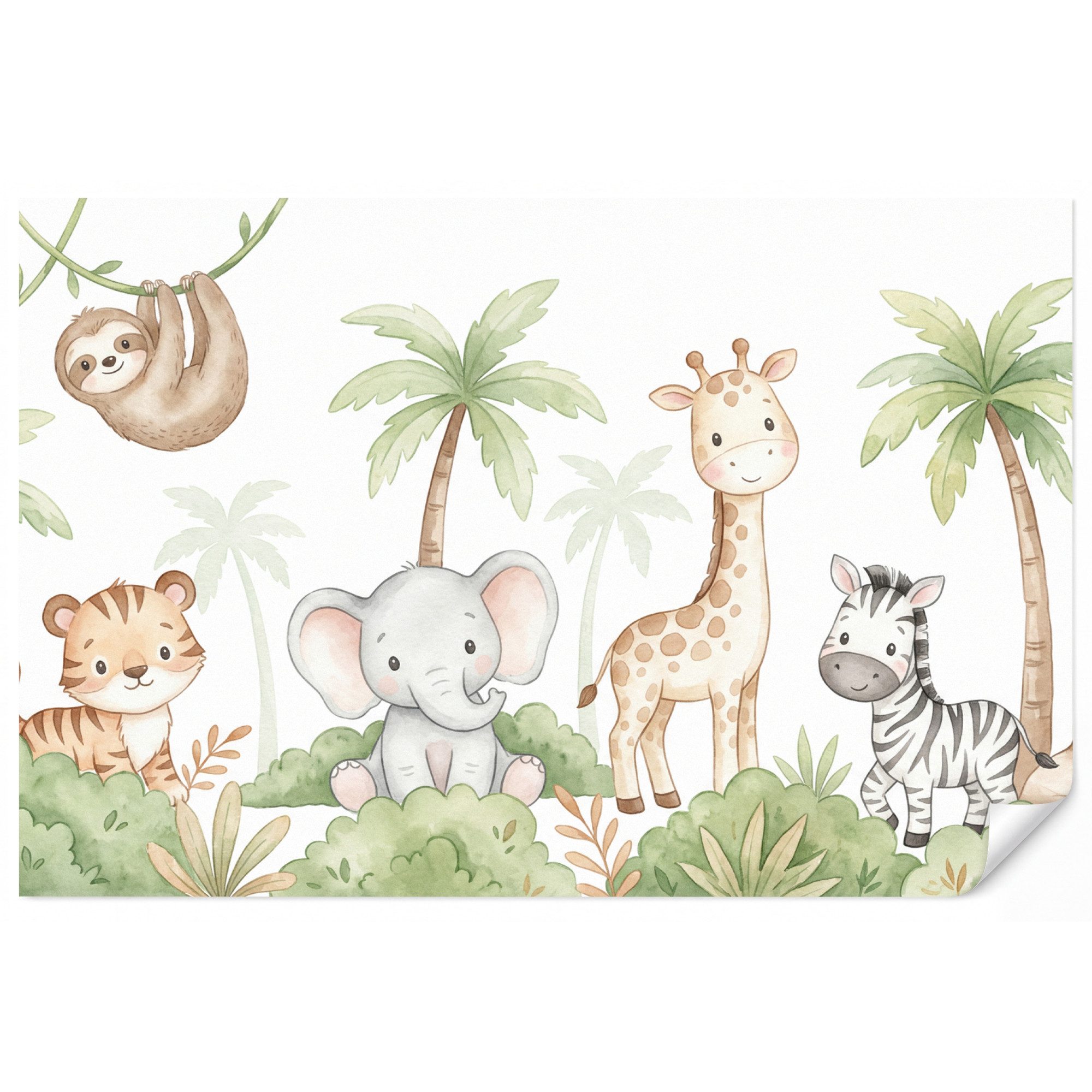 OnlyWow Fototapete Kinderzimmer - Tiere - Dschungel - Pastell, Matt, bedruckt, Wohnzimmer, Modern, Wanddekoration, Vliestapete 100x70cm