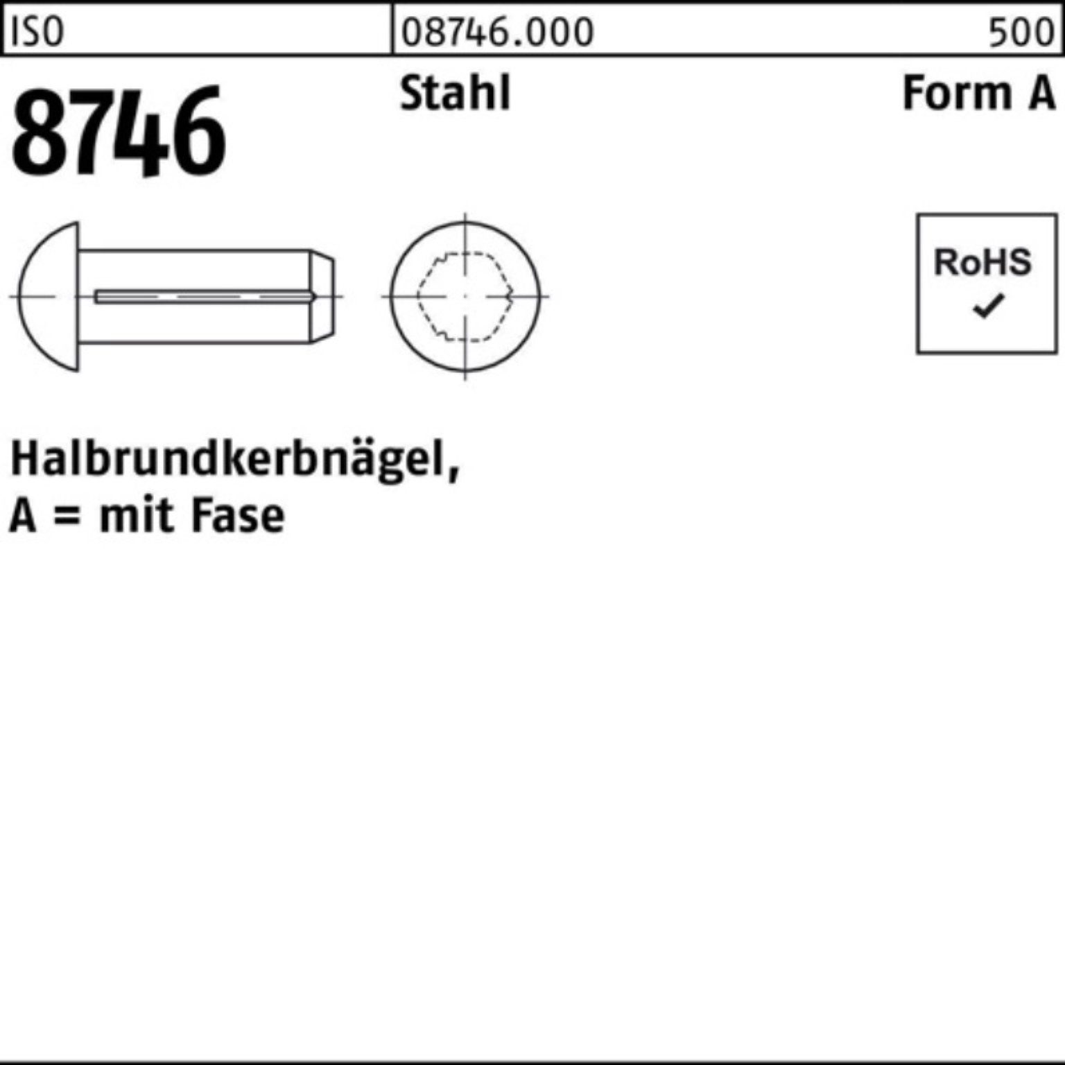 Reyher Nagel 500er Pack Halbrundkerbnagel ISO 8746 Fase 2,5x 4 Stahl 500 Stück ISO