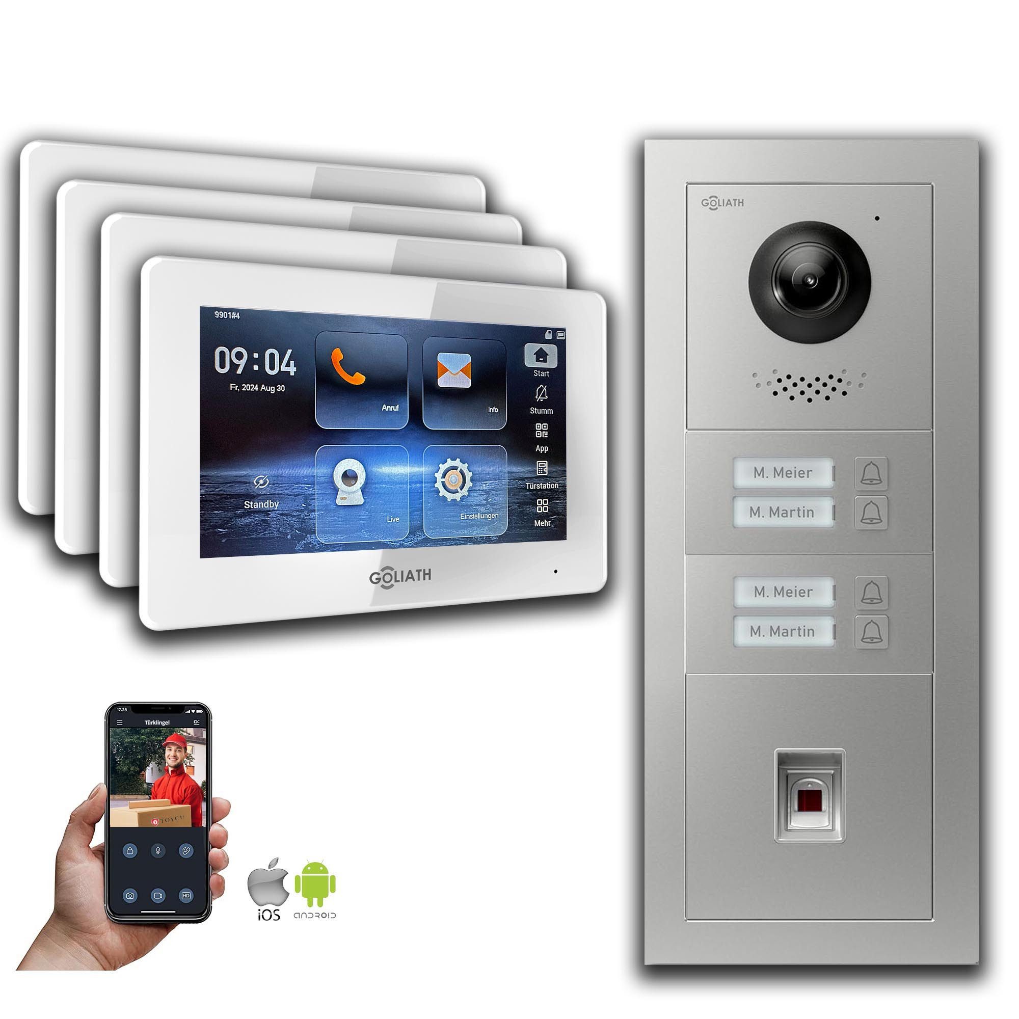 Goliath Intercom Video-Türsprechanlage Goliath IP Video Türsprechanlage: 7-Zoll 4 Familienhaus, Fingerprint, (Privat oder Gewerblich)