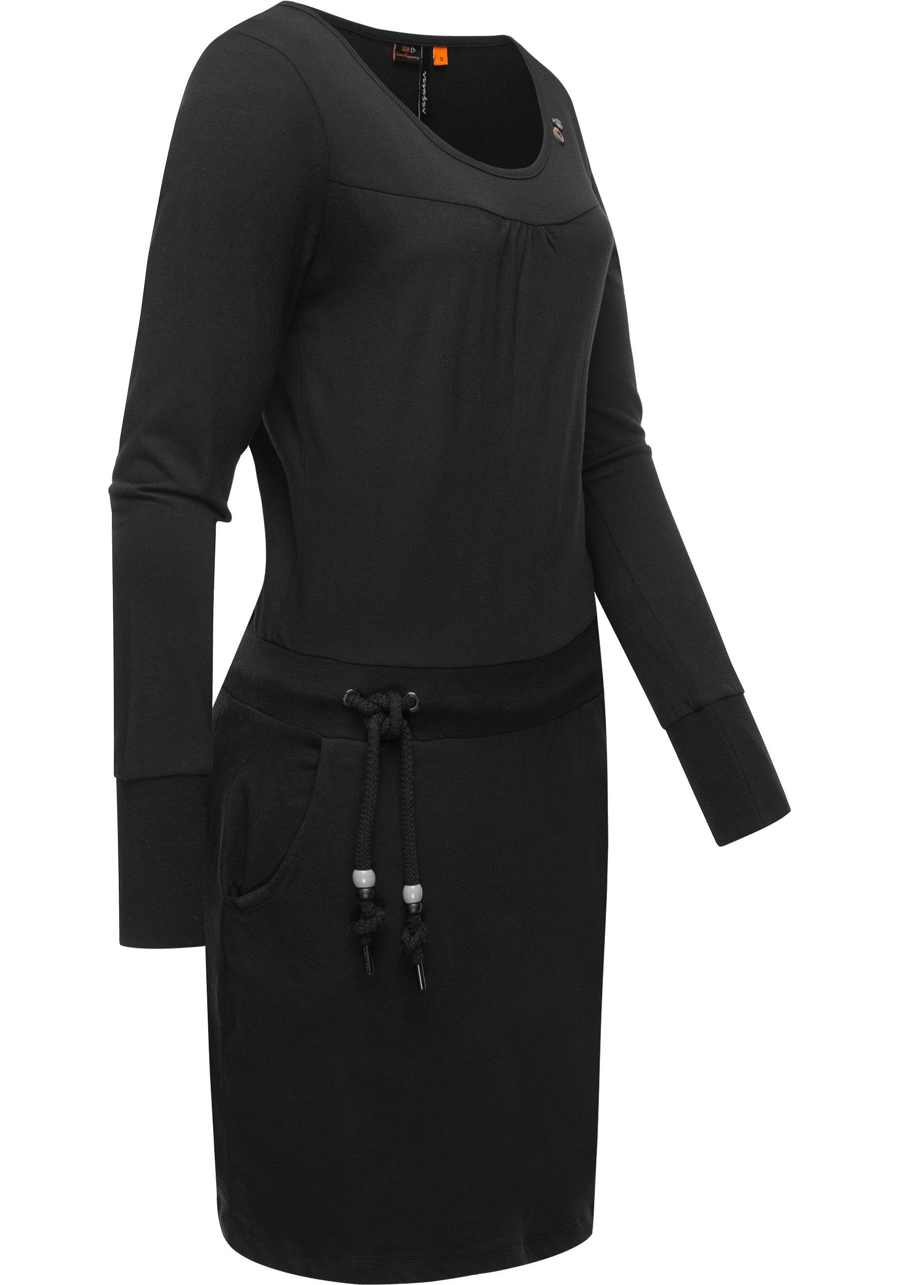 Ragwear Jerseykleid Penellope Langärmliges Baumwoll-Kleid Taillenzugband Damen schwarz mit