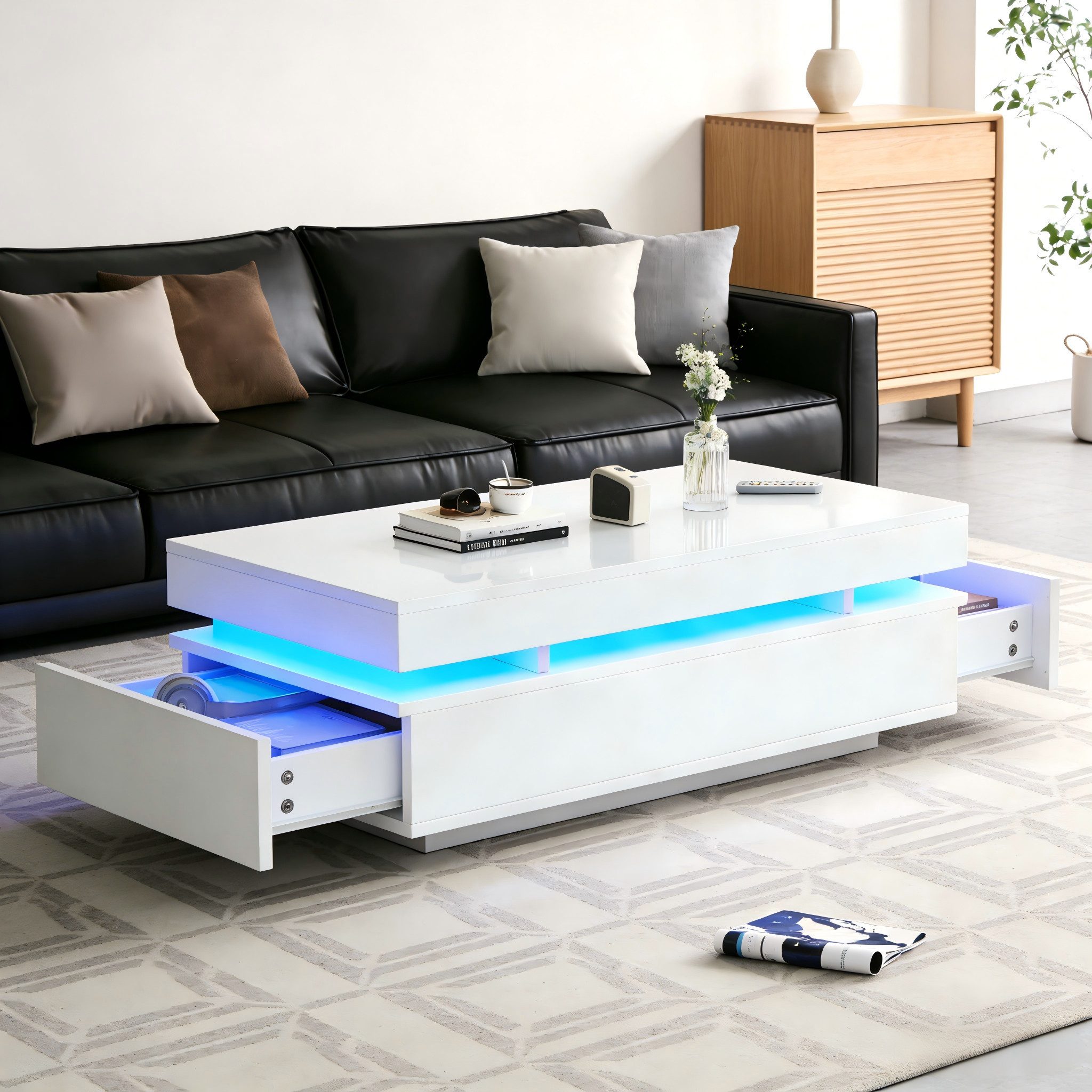 Fine Life Pro Couchtisch Couchtisch 100×50×35 cm LED, 1 Tisch, Weiß, Wohnzimmer