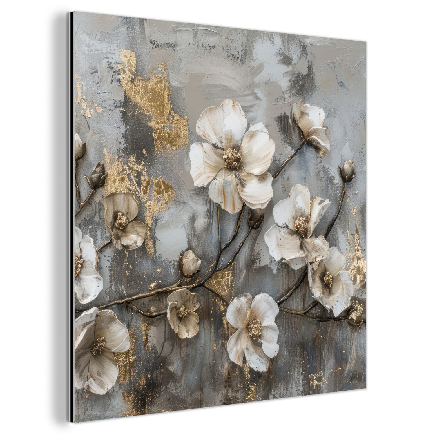 MuchoWow Metallbild Blumen - Weiß - Grau - Gold - Luxus, Inkl. Aufhängung, Alu-Dibond-Druck, Wandbild aus Metall, Aluminium deko, 20x20 cm