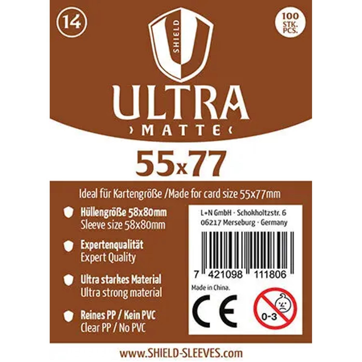 SHIELD Spiel Shield Ultra Matte 14 - 100 Super Sleeves für Kartengröße 55 x 77 mm