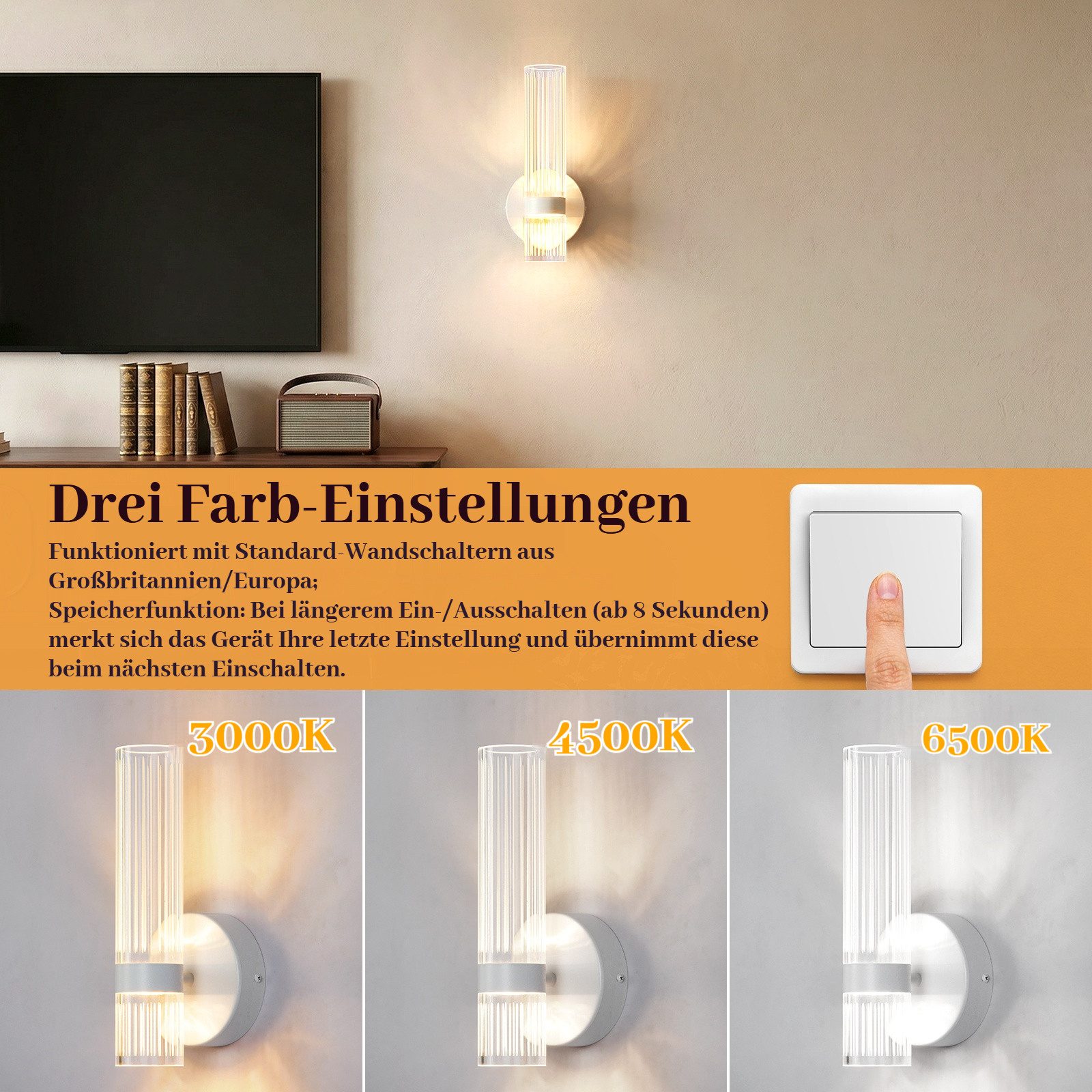 BlingBin LED Wandleuchte 6W Acryl Wandbeleuchtung Moderne Wandlampe Innen LED 600lm, Memory Funktion, LED fest integriert, Warmweiß, Kaltweiß, Neutralweiß, mit Geriffeltes Klarglas für Wohnzimmer, Flur und Treppen