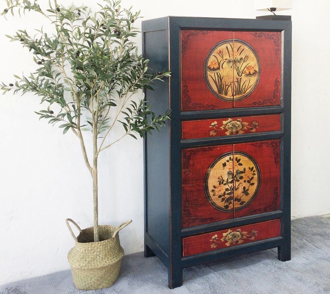 OPIUM OUTLET Kleiderschrank Möbel Asia Vintage Schrank chinesisch (Wohnzimmer Schlafzimmer Landhaus Antik-Stil, asiatisch chinesisch orientalisch) Hochzeitsschrank Hoch-Kommode komplett montiert