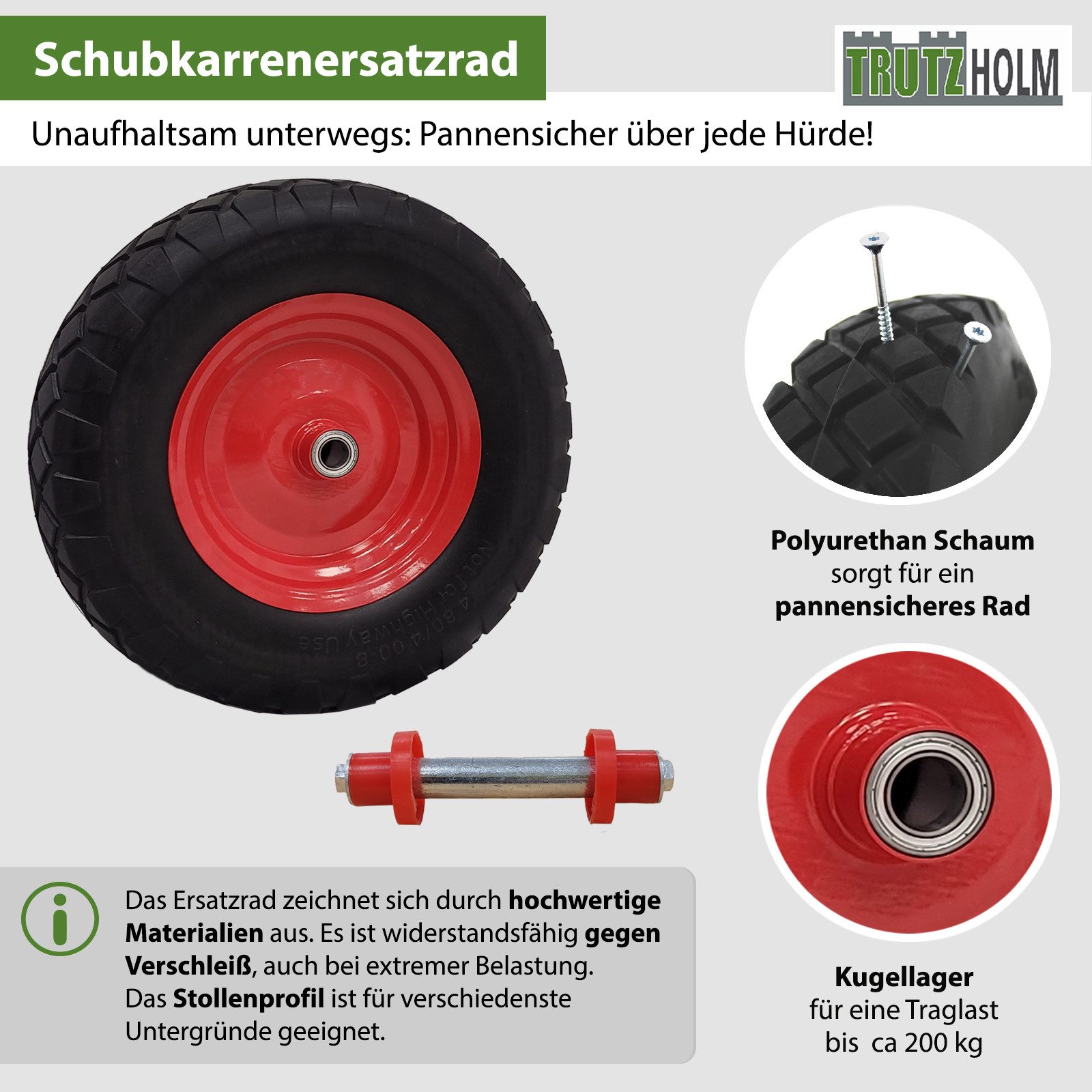 TRUTZHOLM Schubkarren-Rad Pannensicheres Vollgummi 4.80/4.00-8 grau/schwarz + Achse Ersatzrad (Einzeln, 1 St), Kugellager