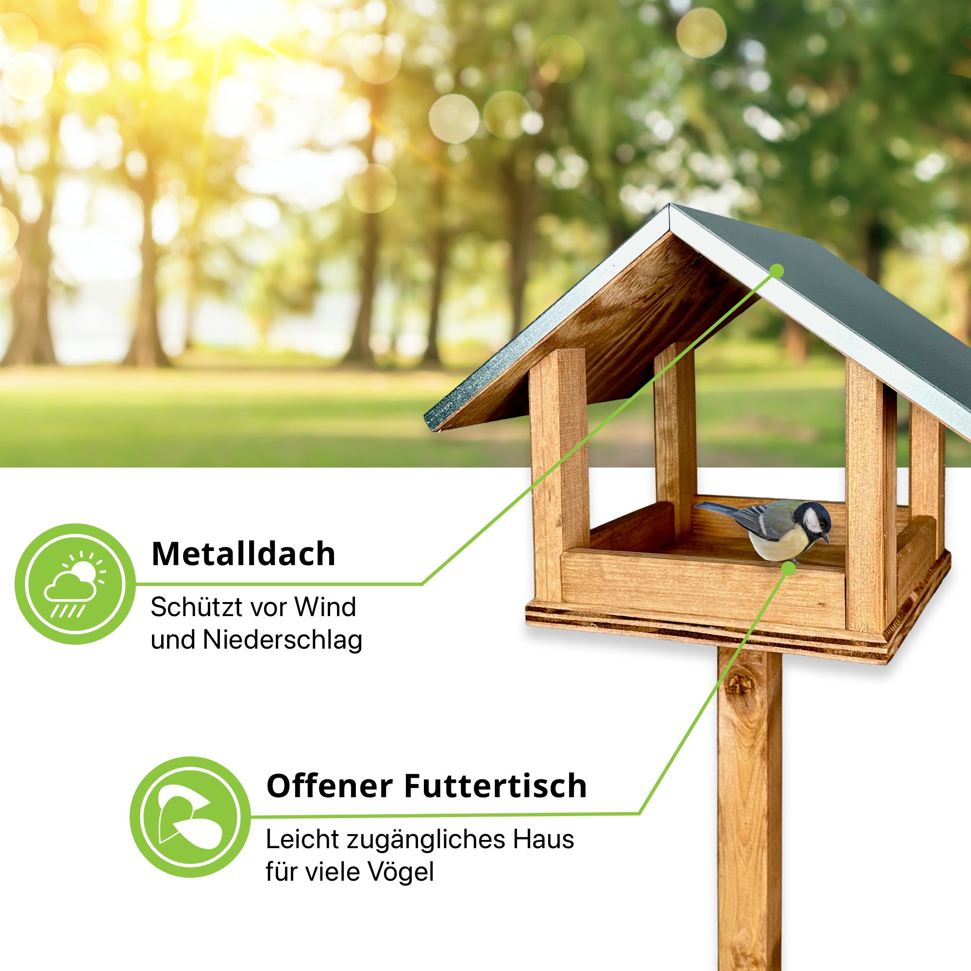 gartenetage Vogelhaus Selbststehendes Vogelhaus mit Metalldach – Futterhaus für Wildvögel, kleine und mittlere Vögel, leicht zu reinigen, robust & langlebig
