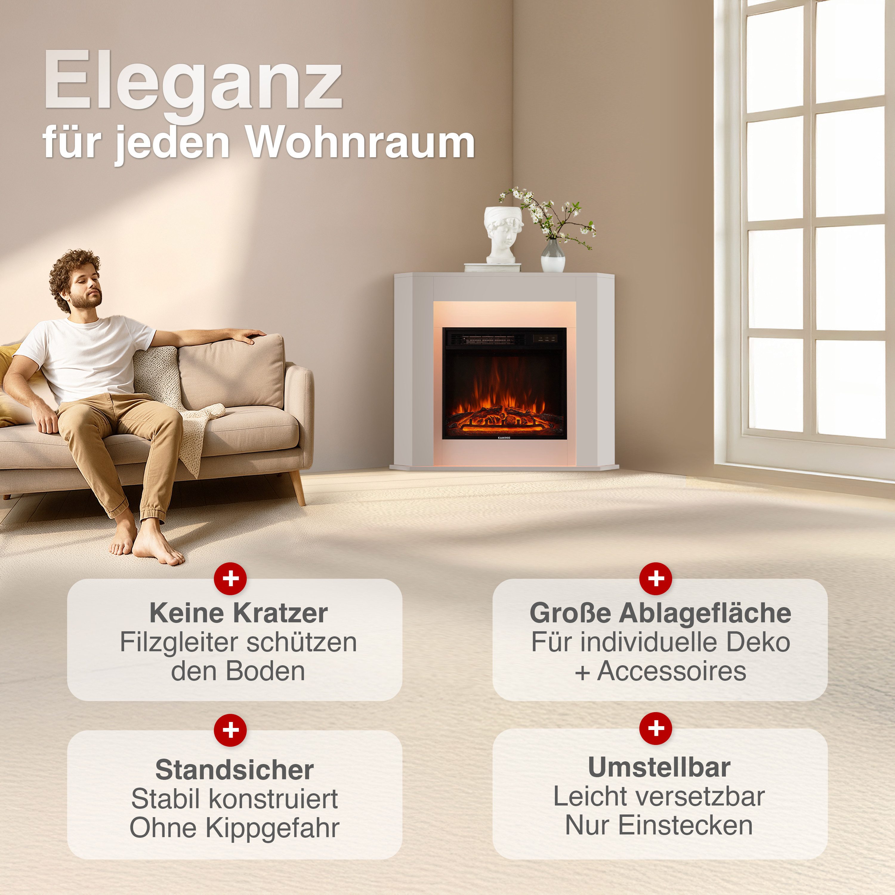 KAMINIO Elektrokamin MATTI, Elektrischer Kamin mit 3D-Flammeneffekt, Ambientelicht, Heizung 1800W